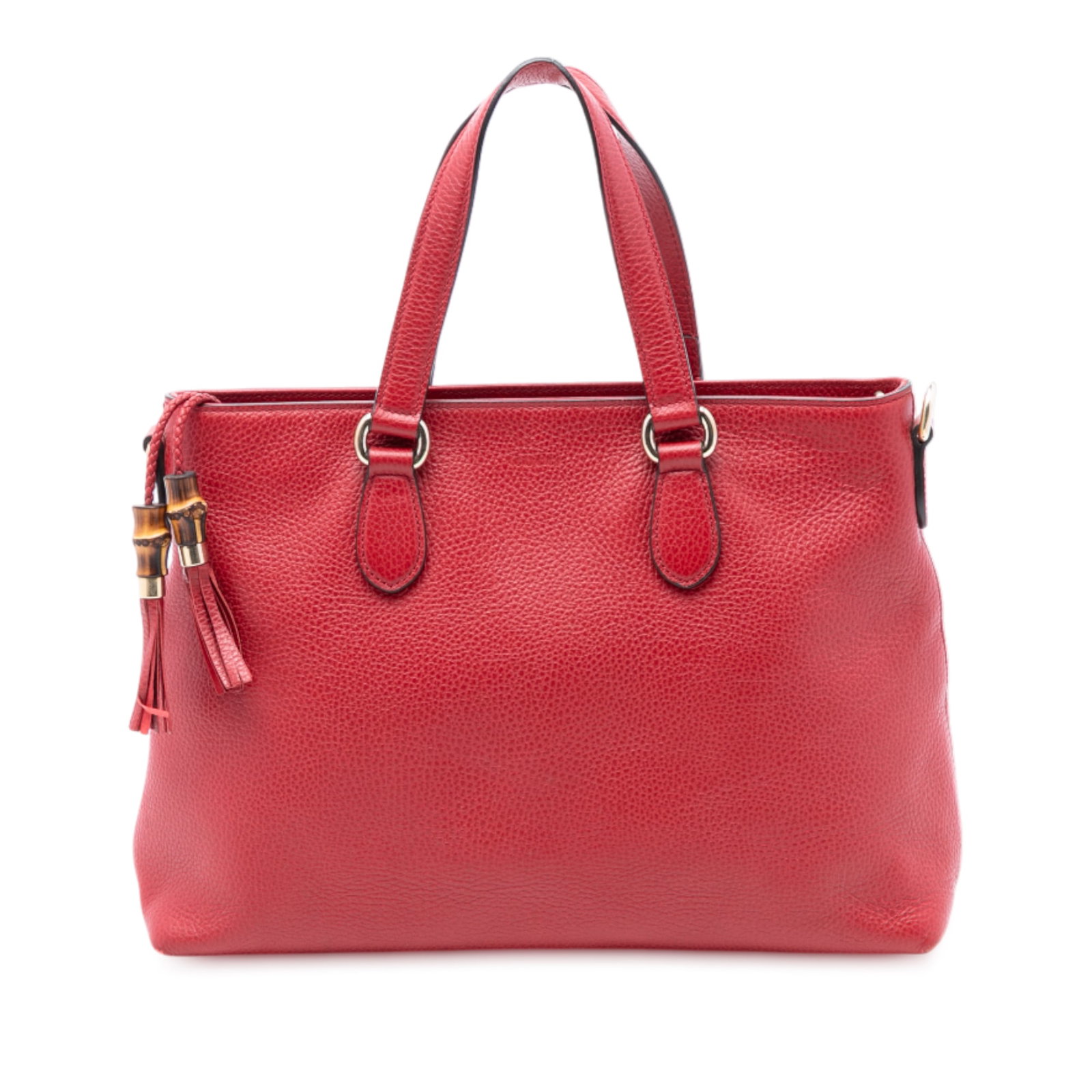 Red Leather Bamboo Tassel Satchel Bag by Gucci with Detachable Strap: Red Leather Bamboo Tassel Satchel Bag by Gucci with Detachable Strap This Gucci Leather Bamboo Tassel Satchel is crafted in red leather and features flat leather handles, a detachable flat strap, and 