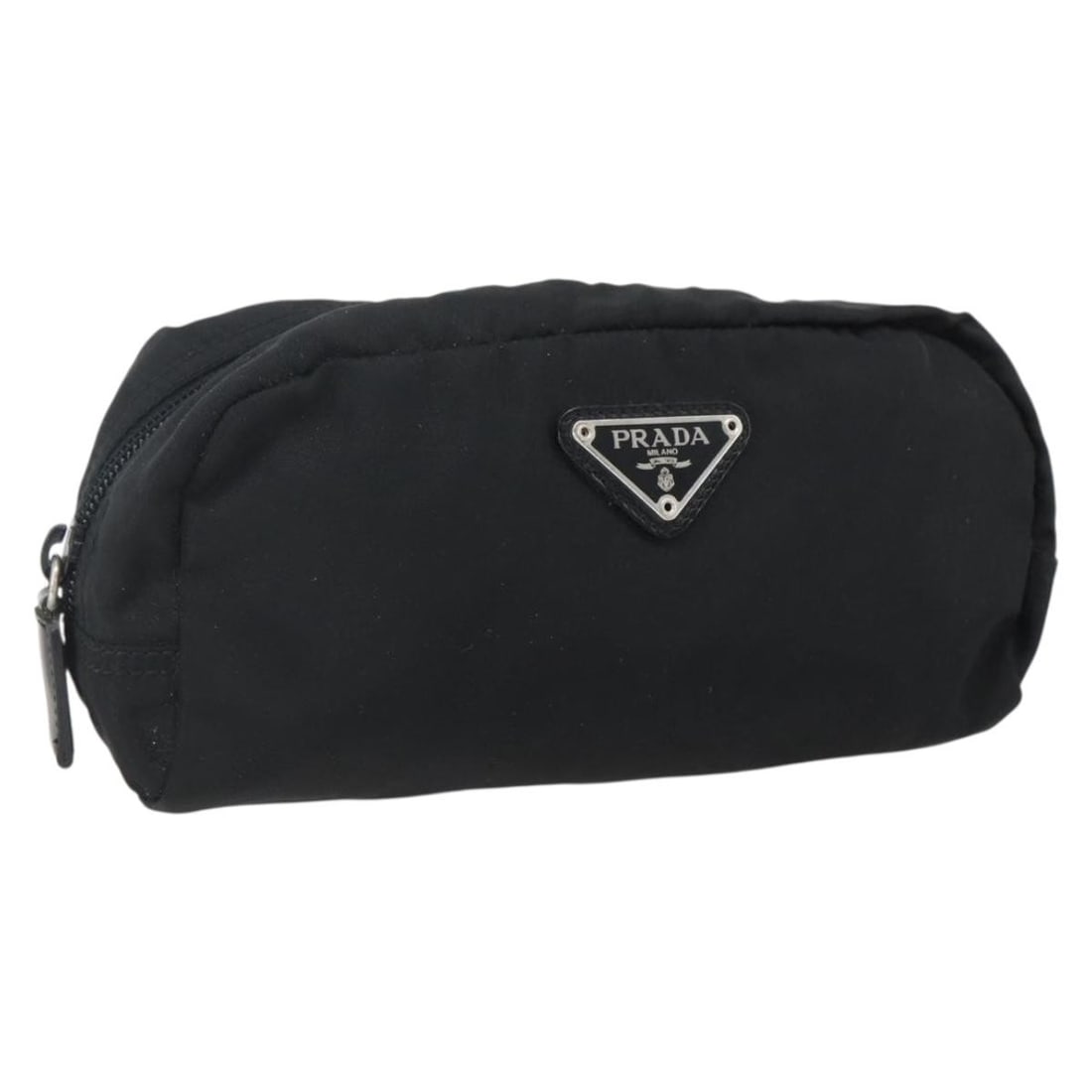 Black Nylon Women's Pouch by Prada with Silver Accents: Black Nylon Women's Pouch by Prada with Silver Accents This Prada pouch is crafted from black nylon with silver-tone accents. Designed for women, it features a compact silhouette suitable for everyday