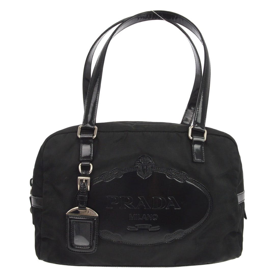 Prada Medium Black Nylon Top Handle Bag with Leather Trim: Prada Medium Black Nylon Top Handle Bag with Leather Trim This Prada top handle bag features a combination of leather and nylon in a sleek black color. Designed for women, it offers a medium size with