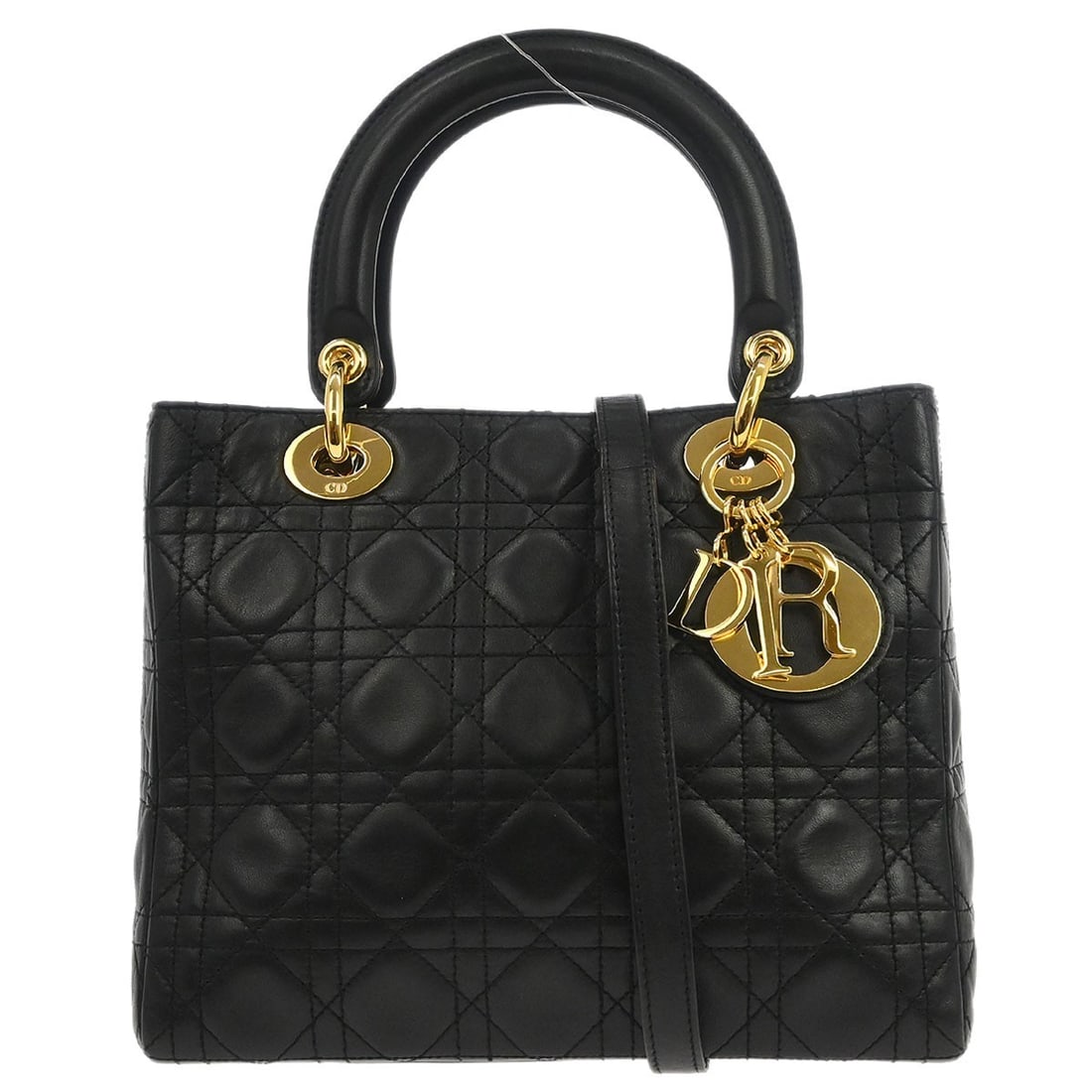 Lady Dior Cannage Black Lambskin Satchel with Double Handles and Strap: Lady Dior Cannage Black Lambskin Satchel with Double Handles and Strap This Christian Dior Lady Dior handbag features black lambskin leather with signature Cannage quilting. It offers versatile carryi