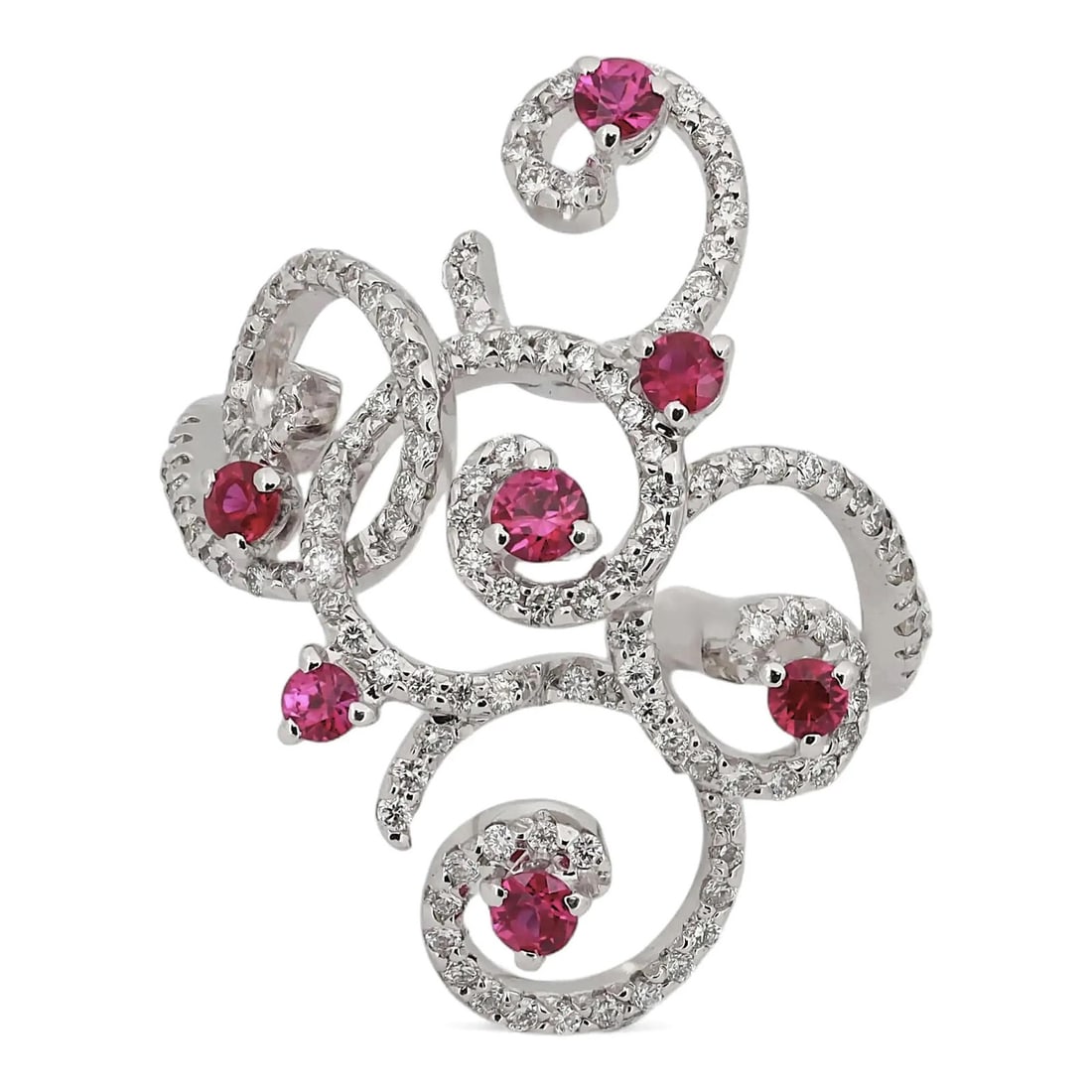 Salvini 18K White Gold Swirl Ring With Ruby and Diamond Accents Size 6.75: Salvini 18K White Gold Swirl Ring With Ruby and Diamond Accents Size 6.75 This Salvini swirl cocktail ring features 18k white gold and showcases seven round cut natural rubies set in prongs, accented 