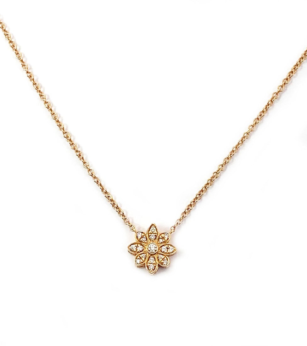Enchant Flower Pendant Necklace in 18k Rose Gold with Diamonds by Tiffany & Co.: Enchant Flower Pendant Necklace in 18k Rose Gold with Diamonds by Tiffany & Co. This Tiffany & Co. Enchant Diamond Flower Pendant Necklace features a delicate flower pendant crafted in 18k rose gold a