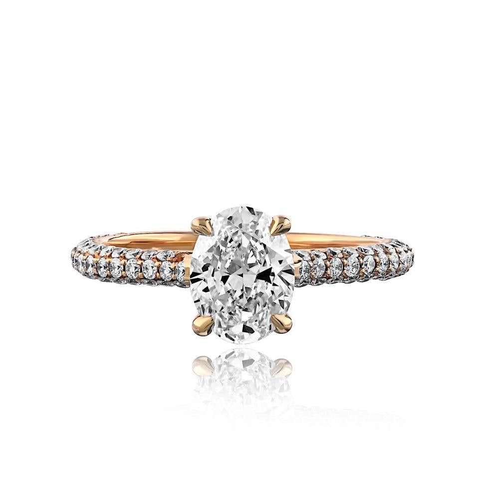 Oval 1.05 Ct Diamond Engagement Ring 18K Yellow Gold with 90 Round Brilliant Accents: Oval 1.05 Ct Diamond Engagement Ring 18K Yellow Gold with 90 Round Brilliant Accents This engagement ring features a 1.05 carat oval diamond with F color and VS1 clarity, set in 18K yellow gold. The r