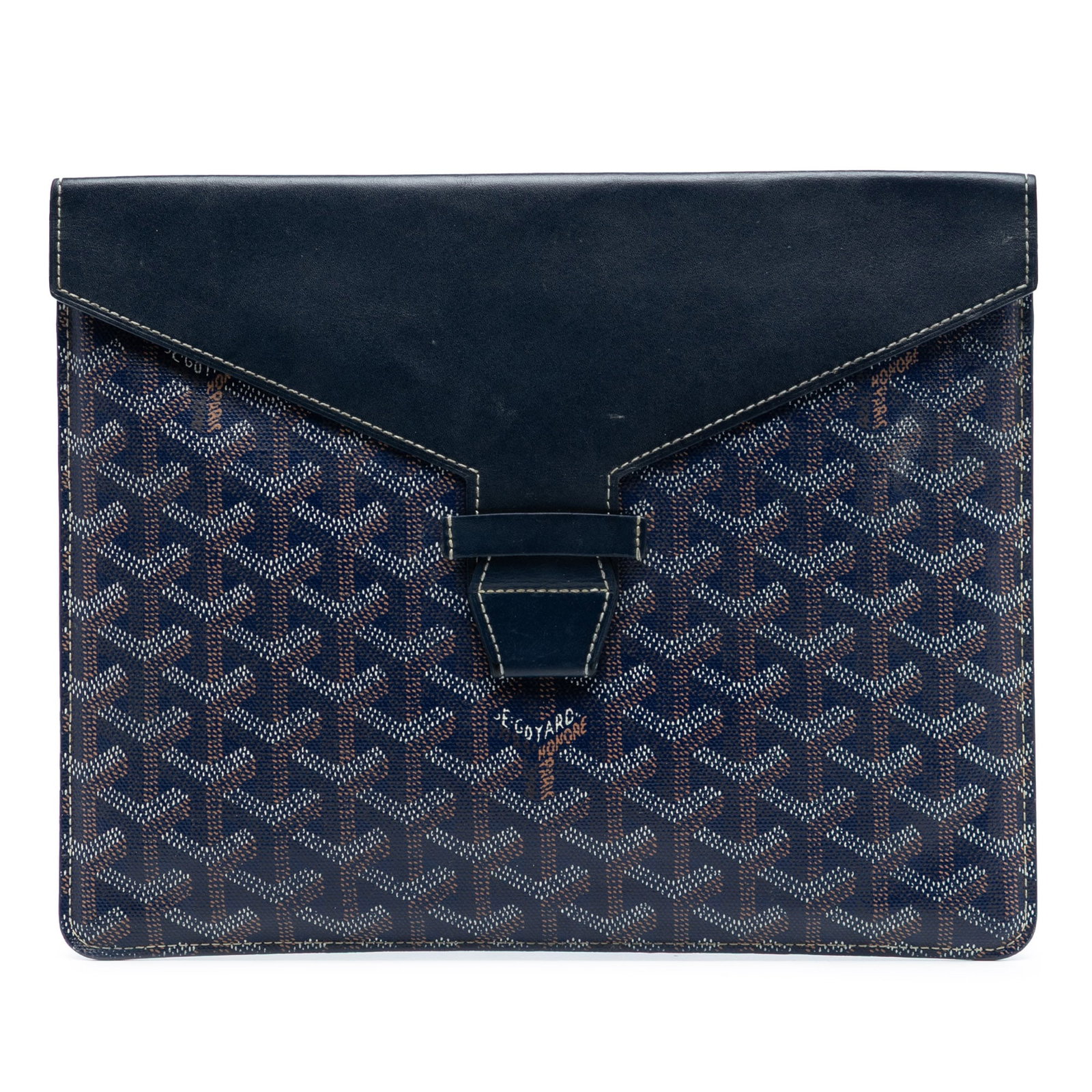 Goyard Camondo II Blue Coated Canvas Clutch with Leather Trim: Goyard Camondo II Blue Coated Canvas Clutch with Leather Trim The Camondo II clutch features a coated canvas body with leather trim, a flap closure with a slip-through tab, and an exterior back slip p
