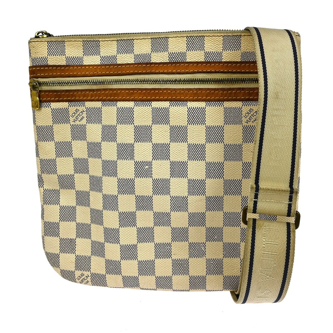 Louis Vuitton Damier Azur Bosphore Pochette Medium Crossbody Shoulder Bag: Louis Vuitton Damier Azur Bosphore Pochette Medium Crossbody Shoulder Bag This Louis Vuitton Bosphore crossbody bag features the signature Damier Azur canvas with leather accents and a beige canvas li