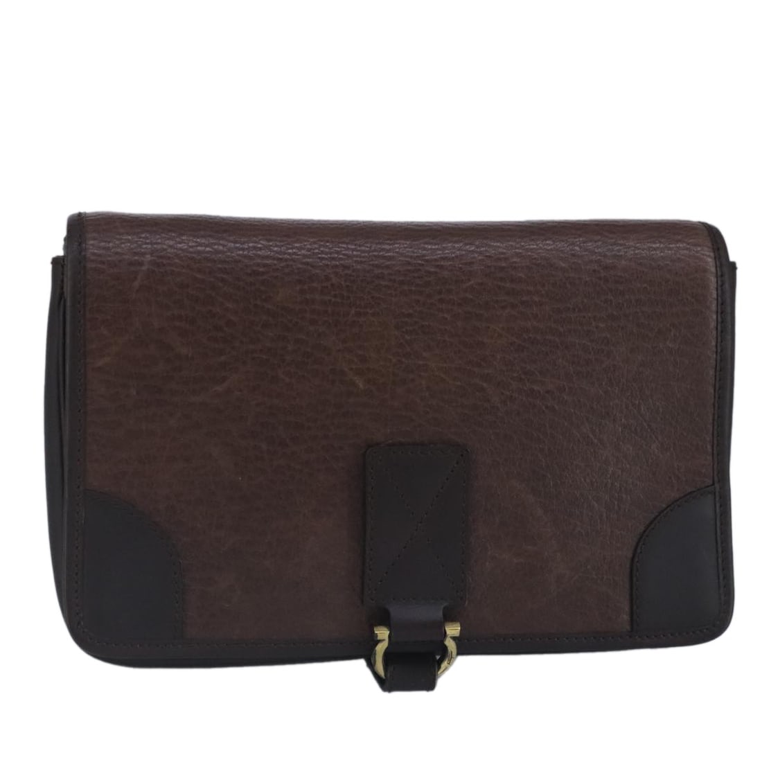 Brown Leather Gancini Clutch by Salvatore Ferragamo Italy: Brown Leather Gancini Clutch by Salvatore Ferragamo Italy This Salvatore Ferragamo Gancini clutch bag is crafted from brown leather and features the iconic Gancini detail. Designed for women, it offer