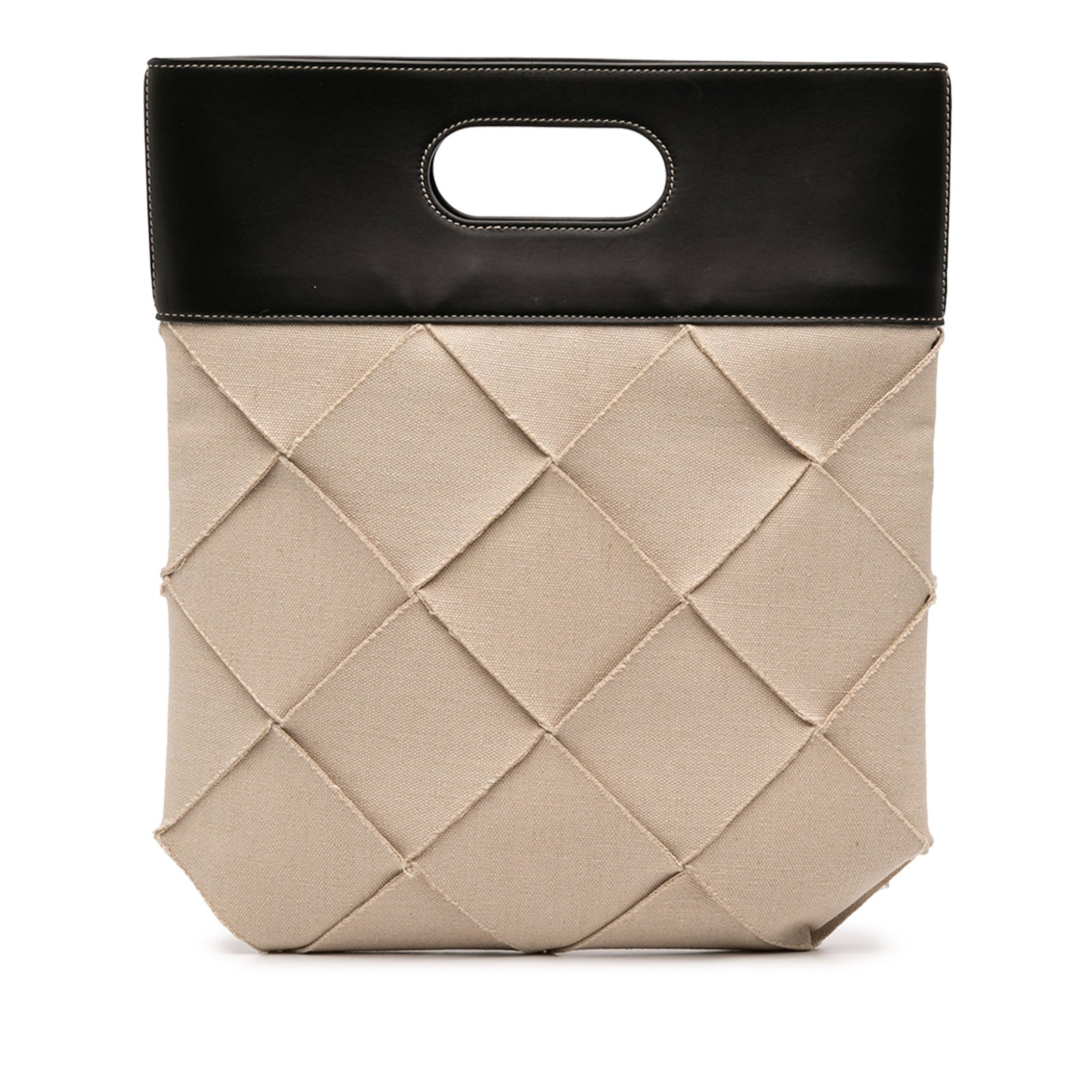 Bottega Veneta Beige Canvas and Leather Small Slip Tote Bag: Bottega Veneta Beige Canvas and Leather Small Slip Tote Bag This Bottega Veneta Small Canvas French Calfskin Slip Tote features a canvas and leather body with cut-out leather handles. It offers an ope