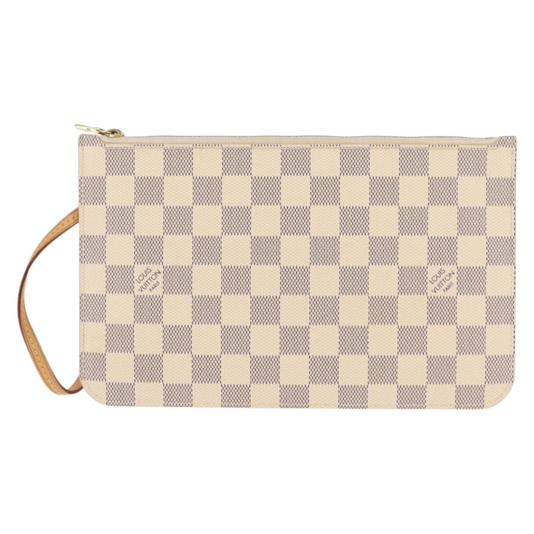 Neverfull Pochette Canvas Pouch in White by Louis Vuitton: Neverfull Pochette Canvas Pouch in White by Louis Vuitton This Louis Vuitton Neverfull Pochette in Damier canvas is designed for women and features a white colorway. Crafted in France, it is made from