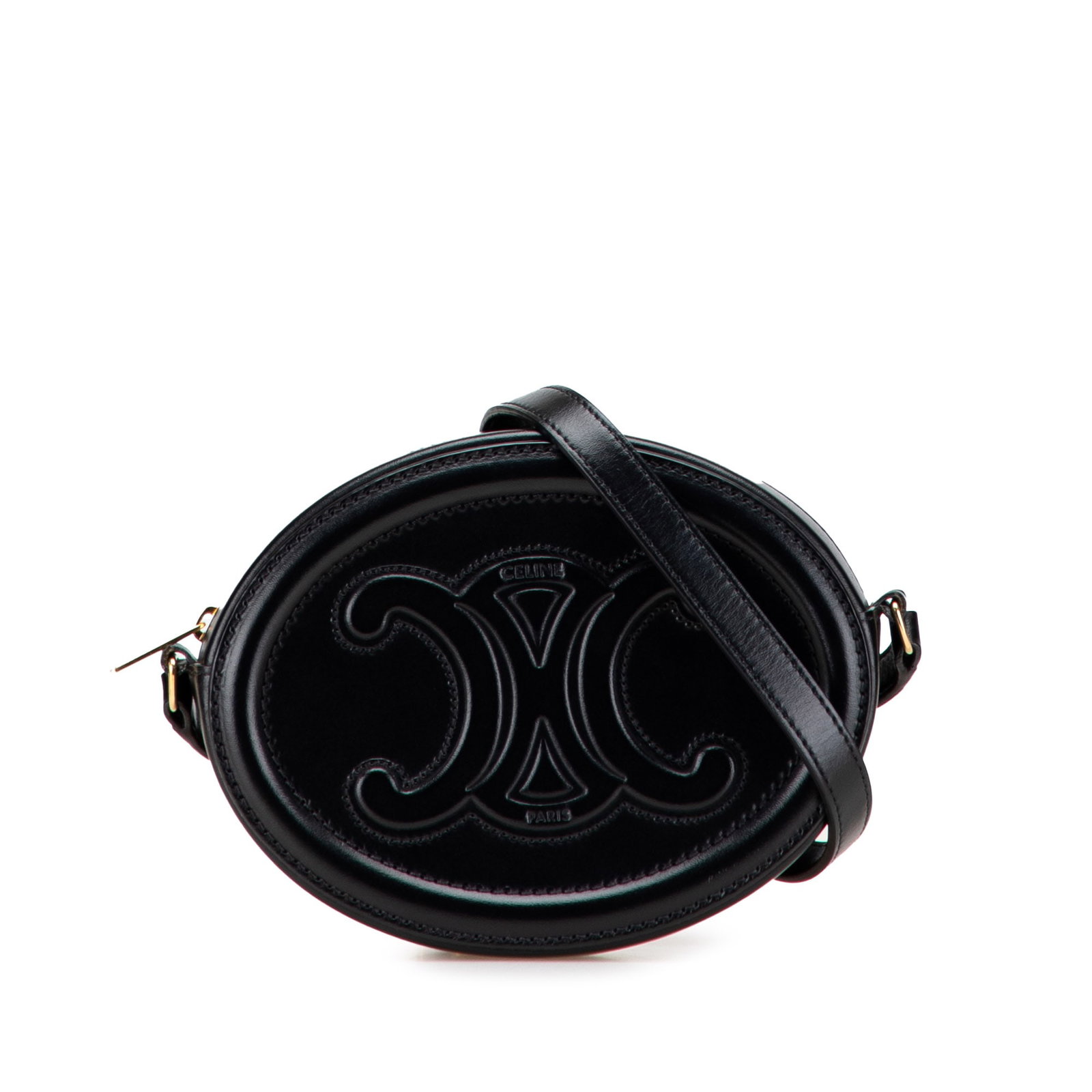 Celine Small Calfskin Cuir Triomphe Black Crossbody Bag: Celine Small Calfskin Cuir Triomphe Black Crossbody Bag Elevate your accessory game with the Celine Small Calfskin Cuir Triomphe Oval Crossbody bag. Crafted from premium embossed leather, this stylish