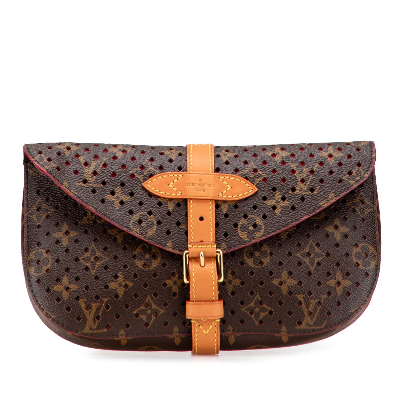 Monogram Flore Saumur Canvas Clutch with Perforated Detailing: Monogram Flore Saumur Canvas Clutch with Perforated Detailing This Louis Vuitton Monogram Flore Saumur Clutch features a perforated monogram canvas body and a front flap with belt buckle closure. The 