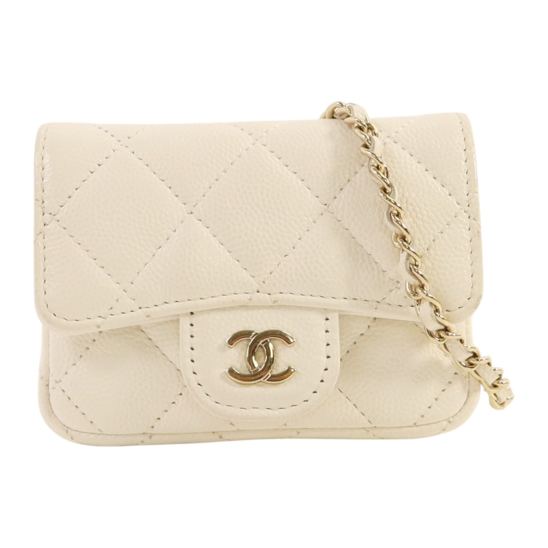 White Mini Calfskin Shoulder Bag CHANEL CC Gold Hardware: White Mini Calfskin Shoulder Bag CHANEL CC Gold Hardware This CHANEL CC mini shoulder bag features a classic white calfskin leather exterior and a chain strap. Designed for women, it offers a compact 