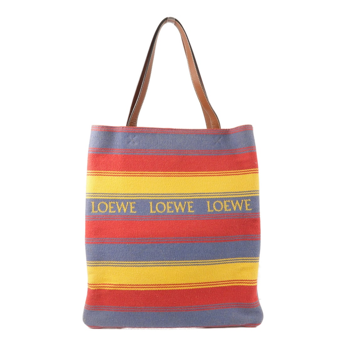 Loewe Denim Vertical Tote Multicolor Red Blue Yellow Cotton Bag: Loewe Denim Vertical Tote Multicolor Red Blue Yellow Cotton Bag This LOEWE vertical tote bag features a stylish striped design in red, blue, and yellow with a denim and cotton exterior. Designed for w