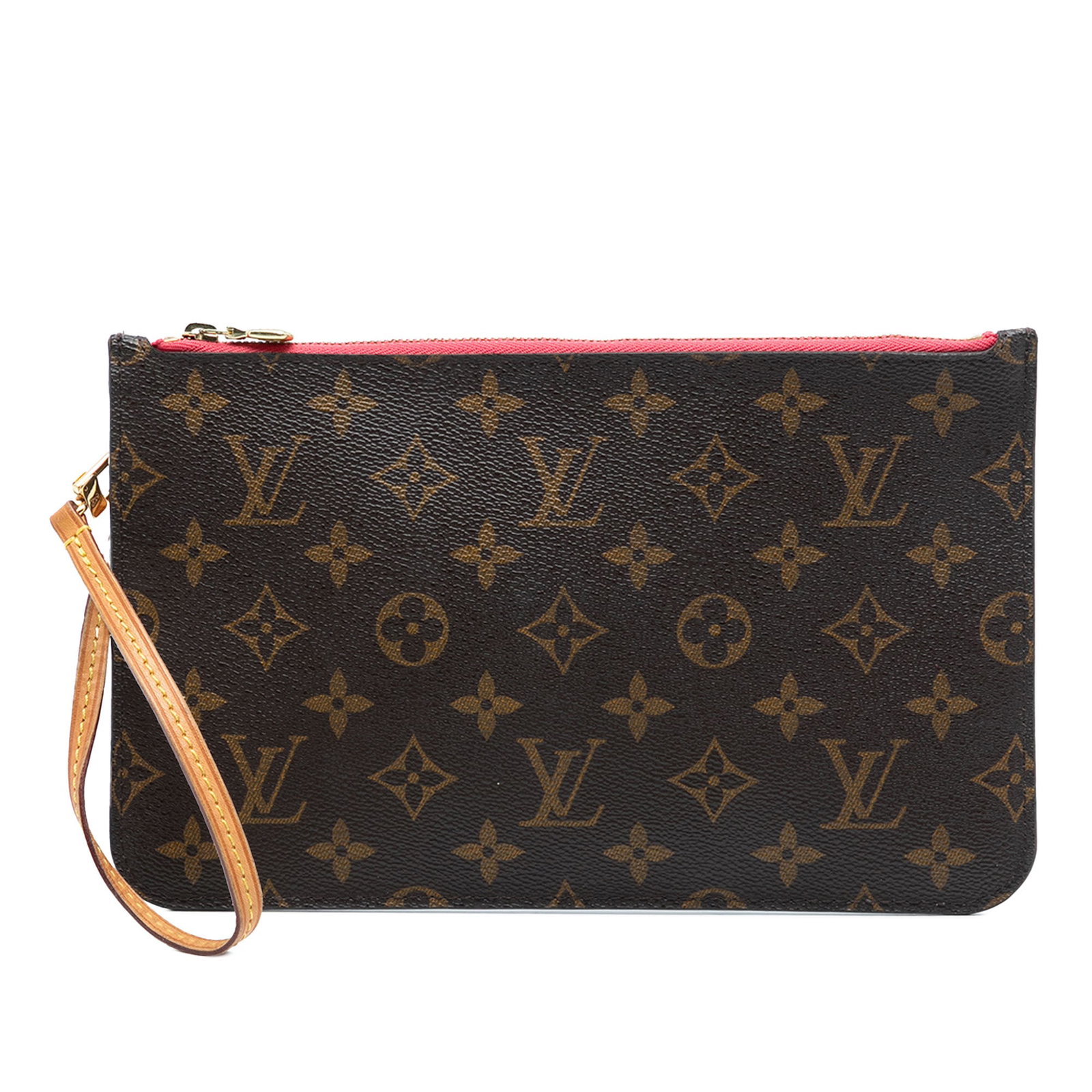 Monogram Canvas Pouch with Vachetta Strap by Louis Vuitton: Monogram Canvas Pouch with Vachetta Strap by Louis Vuitton This Louis Vuitton Monogram Neverfull Pouch features a monogram canvas body, a flat vachetta leather wrist strap, a top zip closure, and an i