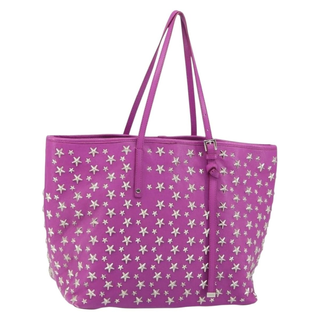 Purple Leather Jimmy Choo Tote with Silver Stud Accents: Purple Leather Jimmy Choo Tote with Silver Stud Accents This Jimmy Choo tote bag features purple and silver leather accented with silver-tone studs. Crafted in Italy, the bag offers a spacious interio