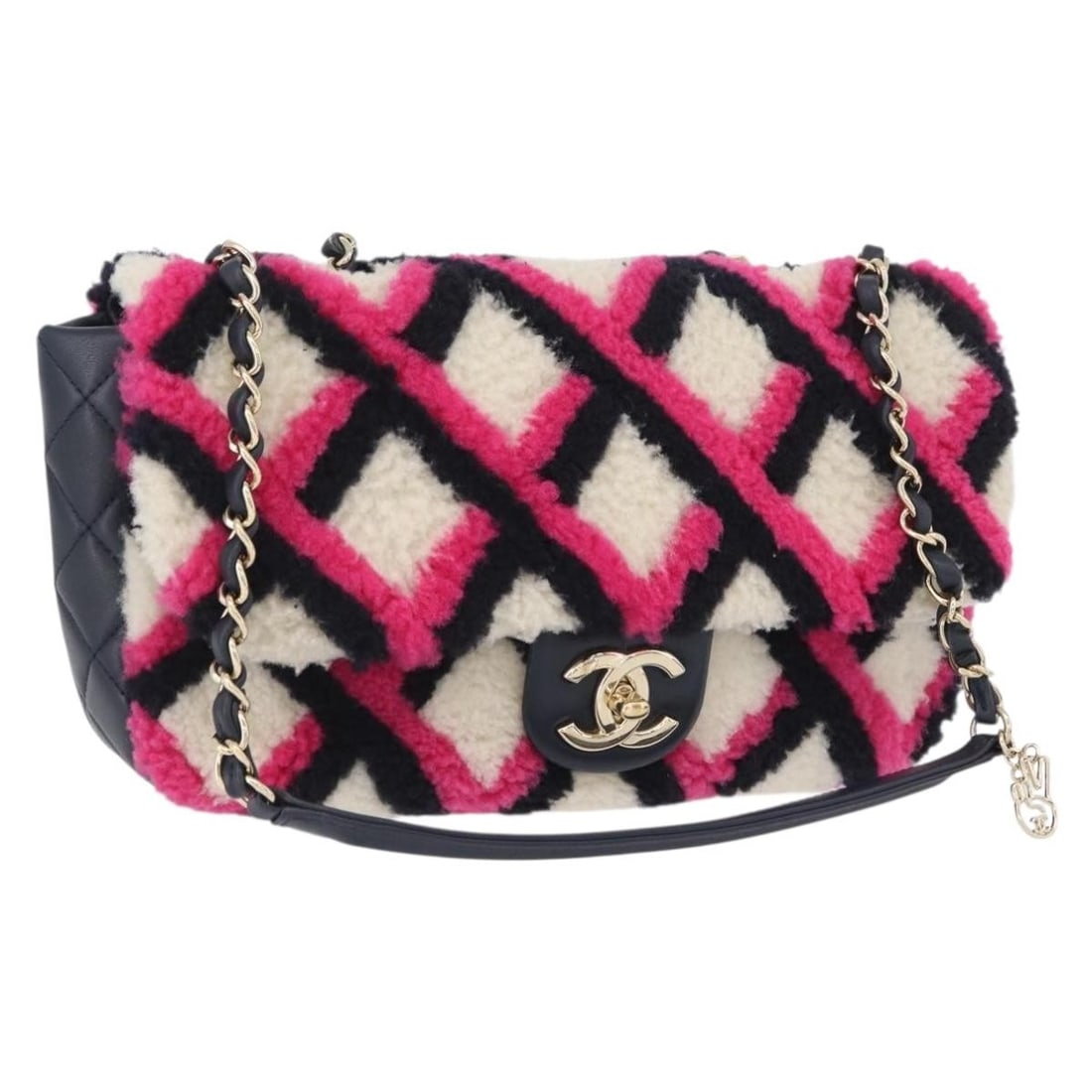 CHANEL Matelasse Mouton Canvas Shoulder Bag Black Pink CC 171163SAM: CHANEL Matelasse Mouton Canvas Shoulder Bag Black Pink CC 171163SAM This Chanel Matelasse shoulder bag features a black and pink canvas exterior with a chain shoulder strap. Crafted in Italy, the bag 