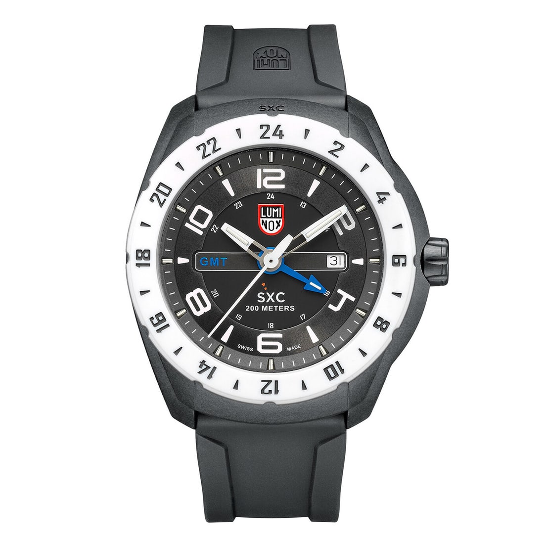 Luminox SXC Space GMT 46mm Black Quartz Diver Watch with Box: Luminox SXC Space GMT 46mm Black Quartz Diver Watch with Box The Luminox SXC Space PC GMT is a robust wristwatch designed for adventure seekers. With a striking black dial and a durable carbon case, t