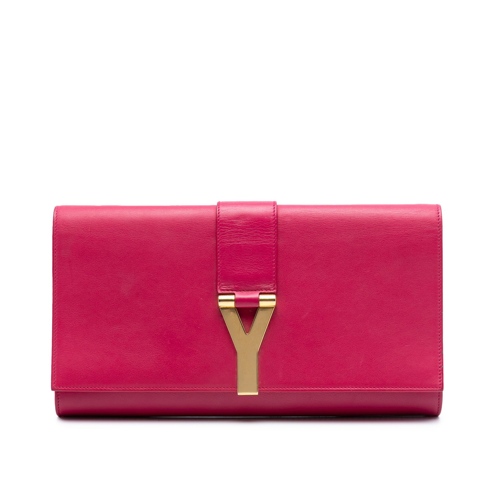 Pink Leather Chyc Ligne Clutch Bag by Saint Laurent with Gold-Tone Y Hardware: Pink Leather Chyc Ligne Clutch Bag by Saint Laurent with Gold-Tone Y Hardware This Saint Laurent Chyc Ligne Clutch features a pink leather exterior with a front flap, adorned by a distinctive gold-ton