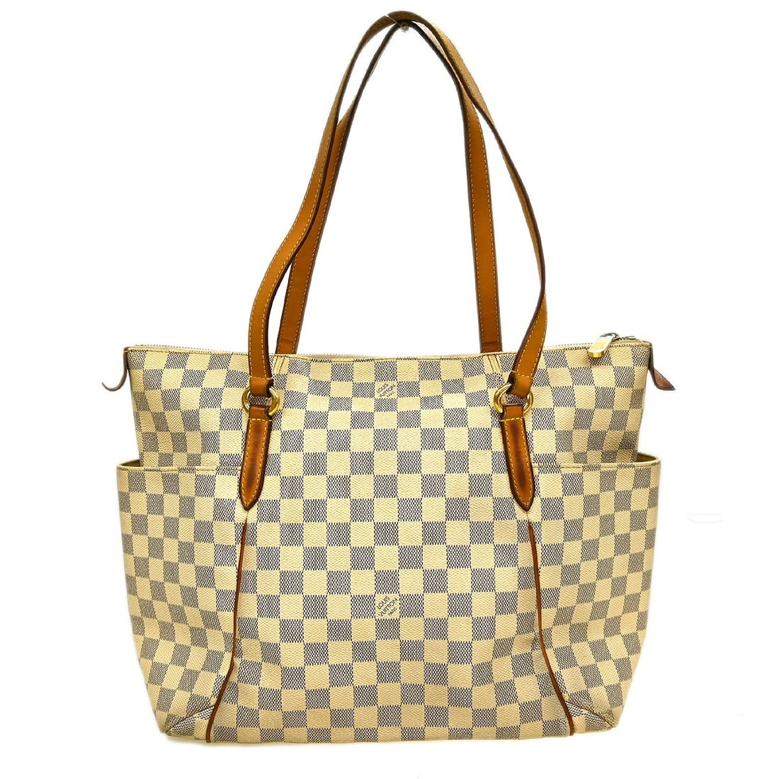 Louis Vuitton Totally MM Tote in Damier Azur Canvas with Zip Closure: Louis Vuitton Totally MM Tote in Damier Azur Canvas with Zip Closure This Louis Vuitton Damier Azur Totally MM tote bag features the iconic Damier Azur canvas with leather trim and double beige handle
