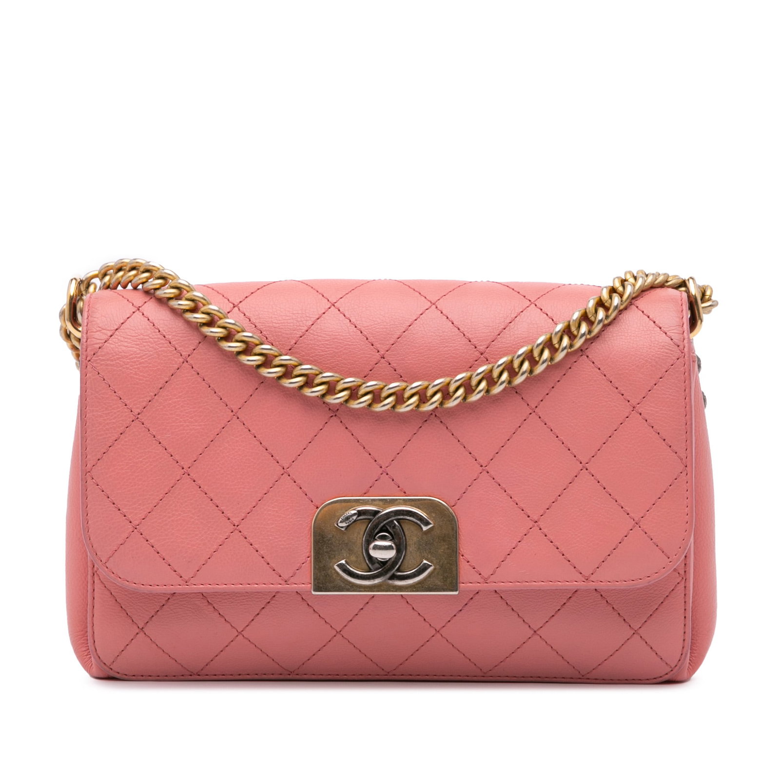 Chanel Pink Quilted Calfskin Straight Lined Flap Crossbody Bag: Chanel Pink Quilted Calfskin Straight Lined Flap Crossbody Bag Elevate your accessory collection with this stunning Chanel Quilted Calfskin Straight Lined Flap crossbody bag. Crafted from luxurious qu