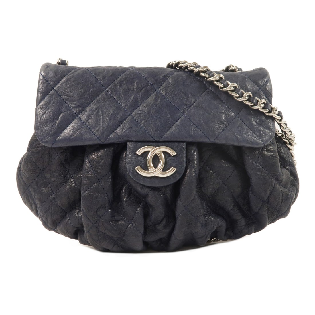 Blue Calfskin Leather Shoulder Bag with CC Silver Hardware by Chanel: Blue Calfskin Leather Shoulder Bag with CC Silver Hardware by Chanel This CHANEL CC shoulder bag is crafted from blue calfskin leather and features silver-tone hardware. Designed for women, this regul