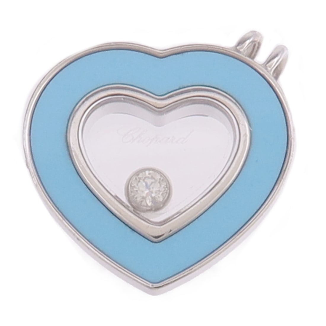Chopard Happy Diamond Pendant in 18K White Gold with Blue Accent: Chopard Happy Diamond Pendant in 18K White Gold with Blue Accent This Chopard Happy Diamond pendant top is crafted with a blue frame and features diamond accents. Designed for unisex wear, it showcase