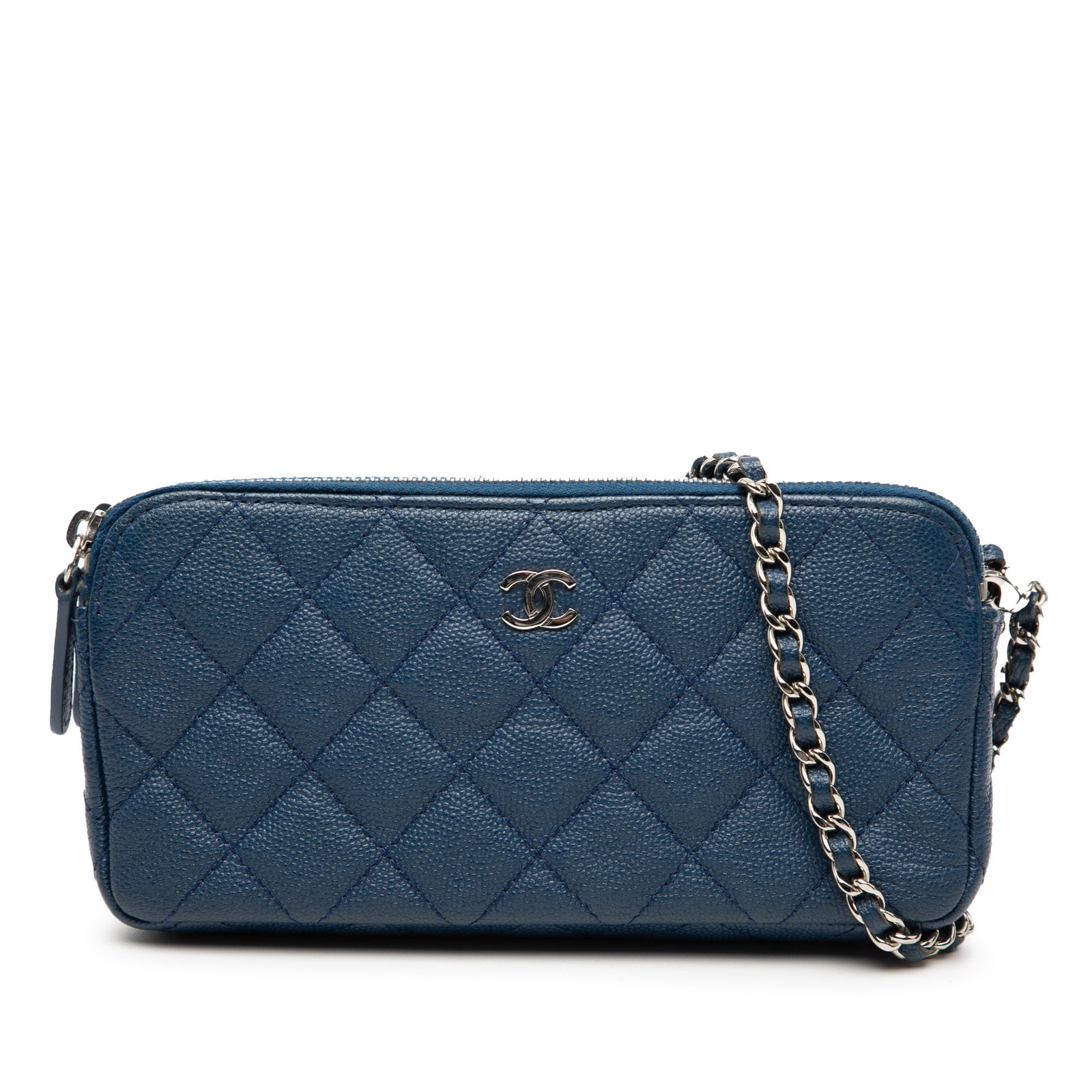 Chanel Blue Quilted Caviar Leather Double Zip Crossbody Clutch Bag (1 of 8)