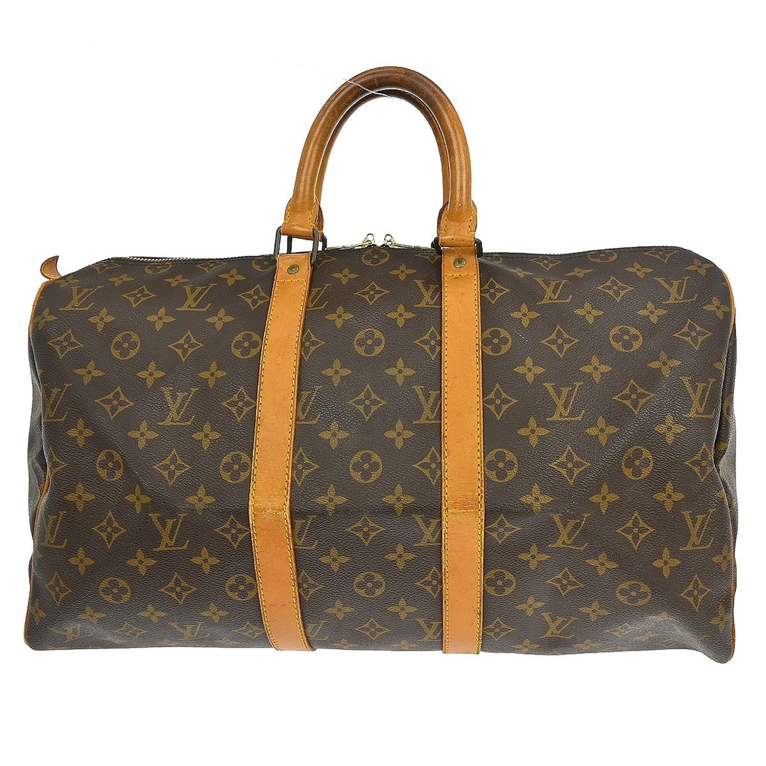 Louis Vuitton Monogram Canvas Keepall Unisex Travel Bag 45cm: Louis Vuitton Monogram Canvas Keepall Unisex Travel Bag 45cm This Louis Vuitton Keepall Bag features the iconic Monogram Canvas in brown, designed for unisex use. The bag shows scuffs, cracks, scratch