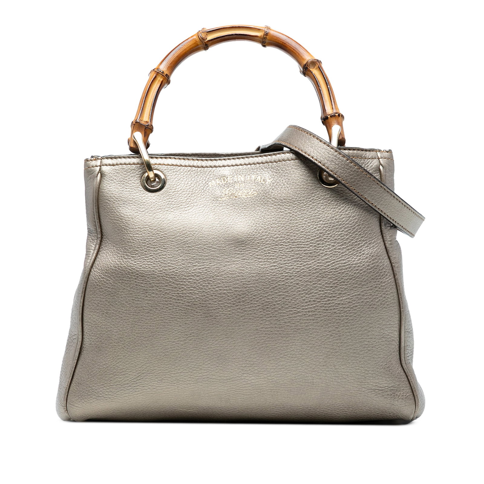 Gucci Small Gold Calfskin Bamboo Shopper Satchel with Bamboo Handles: Gucci Small Gold Calfskin Bamboo Shopper Satchel with Bamboo Handles This Gucci Small Calfskin Bamboo Shopper Satchel is a stylish and practical accessory. It features a durable leather body with icon