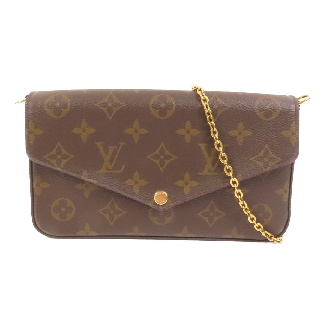 Louis Vuitton Felicie Monogram Brown Shoulder Bag with Chain and Gold Hardware: Louis Vuitton Felicie Monogram Brown Shoulder Bag with Chain and Gold Hardware This Louis Vuitton Pochette Felicie chain shoulder bag features the signature monogram pattern in brown PVC coated canvas