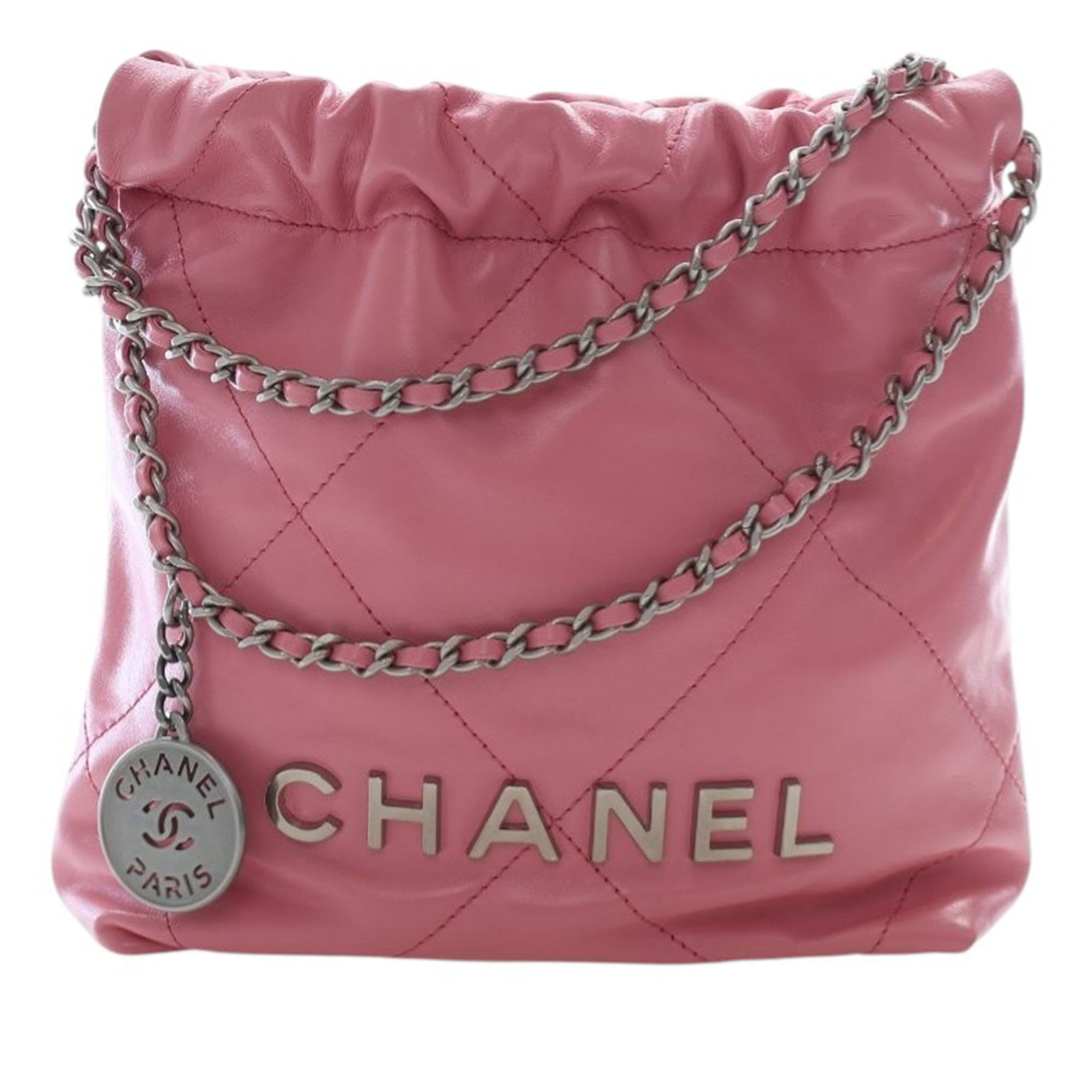 Chanel Mini 22 Pink Quilted Leather Satchel with Chain and Rolled Strap: Chanel Mini 22 Pink Quilted Leather Satchel with Chain and Rolled Strap This Chanel Mini Shiny Calfskin 22 Handbag features a quilted leather design in pink, complemented by leather-woven chain straps