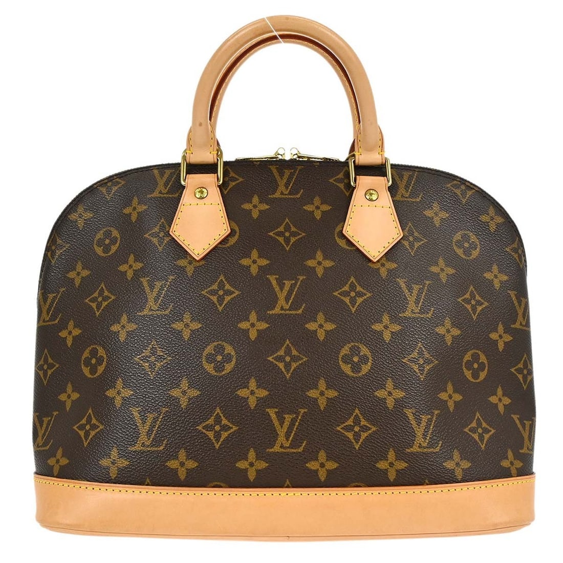 Alma Top Handle Bag in Monogram Canvas by Louis Vuitton: Alma Top Handle Bag in Monogram Canvas by Louis Vuitton This Louis Vuitton Alma handbag features the iconic monogram canvas exterior with double beige handles and a zip closure. Designed in a medium s