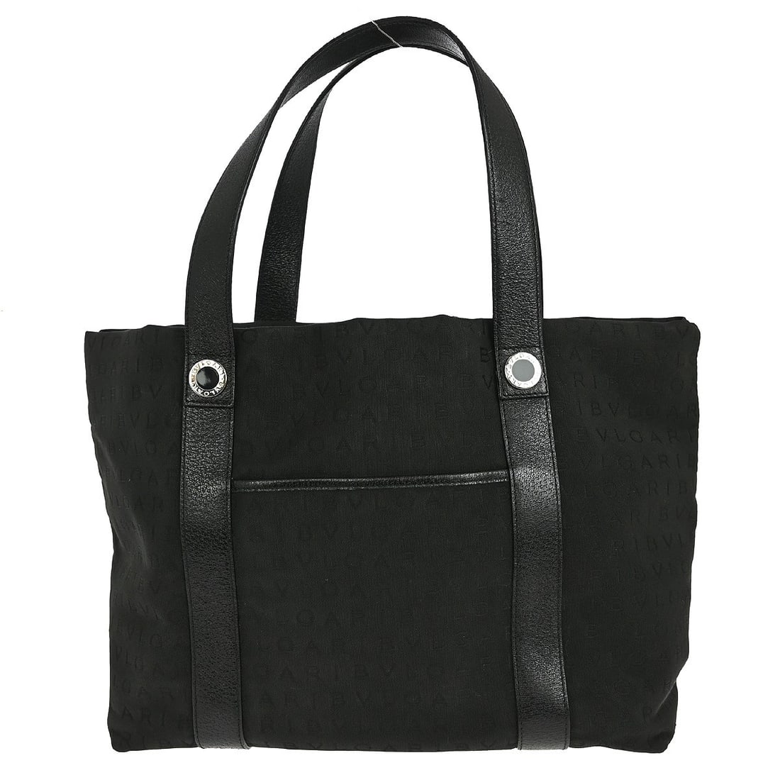 Black Canvas Logo Tote by Bvlgari Medium Handbag with Leather Handles: Black Canvas Logo Tote by Bvlgari Medium Handbag with Leather Handles This BVLGARI black canvas tote handbag features a logo pattern and double black leather handles. The medium-sized bag offers a red