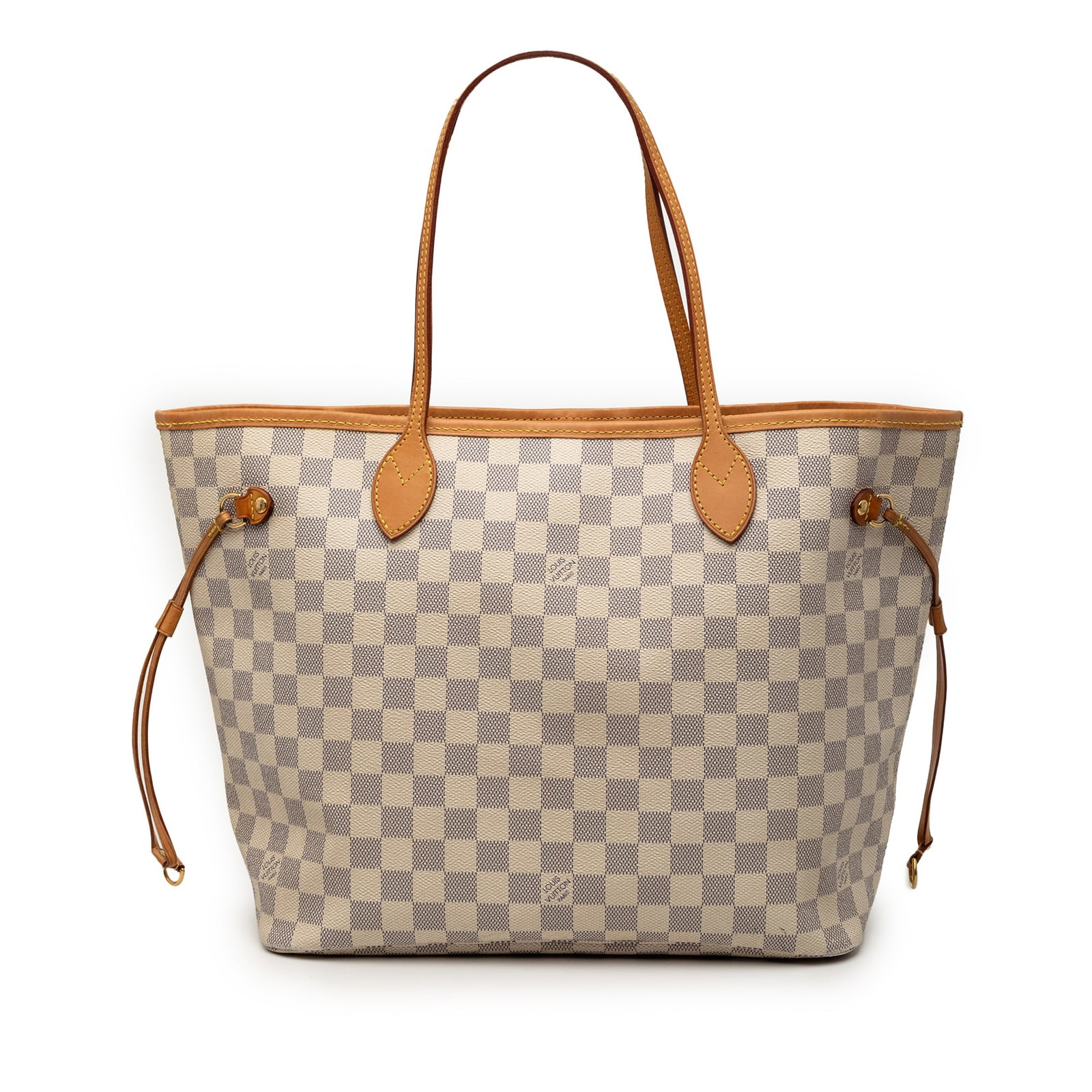 Louis Vuitton Neverfull MM Tote in Damier Azur Canvas with Vachetta Trim: Louis Vuitton Neverfull MM Tote in Damier Azur Canvas with Vachetta Trim The Louis Vuitton Damier Azur Neverfull MM is crafted with signature Damier Azur canvas and features vachetta leather trim and 