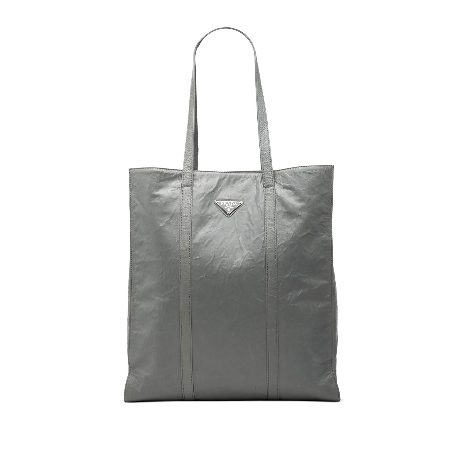 Prada Gray Nappa Leather Medium Antique Shopper Tote Bag: Prada Gray Nappa Leather Medium Antique Shopper Tote Bag This Prada Medium Nappa Antique Shopper Tote is crafted from gray nappa leather and features flat leather straps, an open top, and interior zip