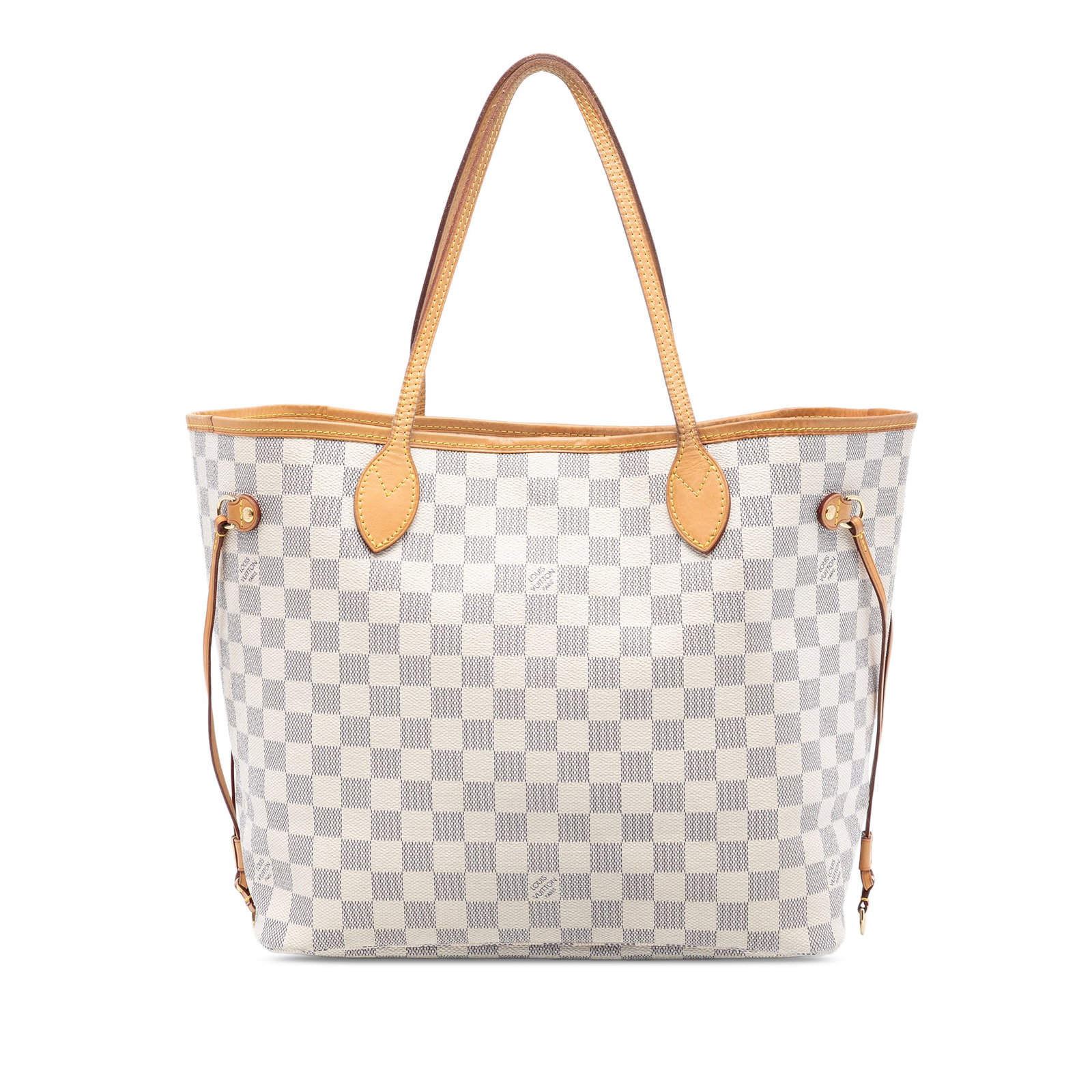 Neverfull MM Tote in Damier Azur Canvas with Vachetta Leather Trim: Neverfull MM Tote in Damier Azur Canvas with Vachetta Leather Trim The Louis Vuitton Damier Azur Neverfull MM features a Damier Azur canvas body with vachetta leather trim and flat vachetta leather ha