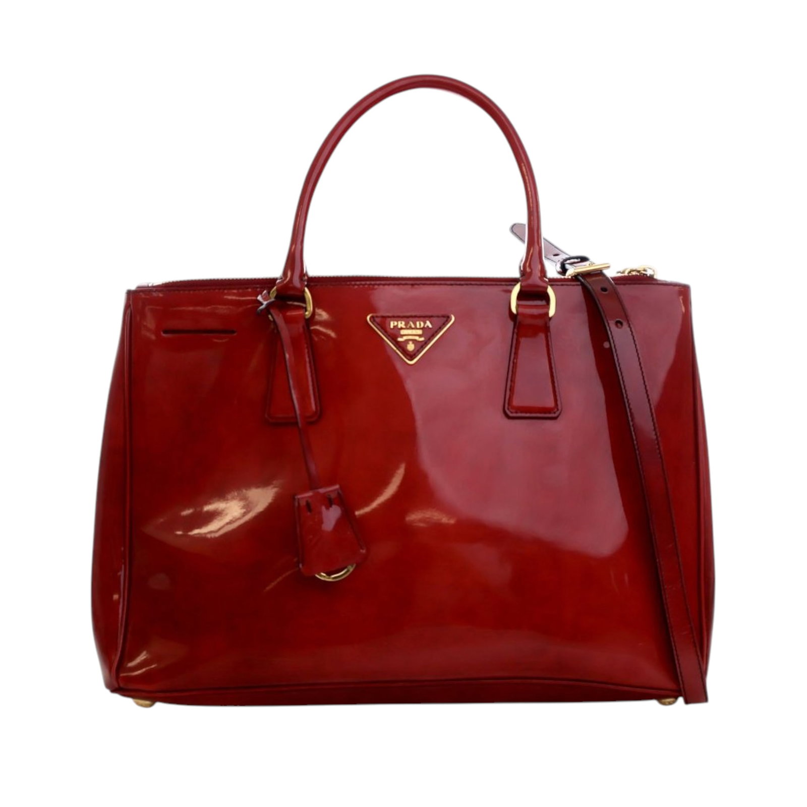 Prada Galleria Patent Leather Medium Satchel with Double Zip Red: Prada Galleria Patent Leather Medium Satchel with Double Zip Red This Prada Medium Spazzolato Galleria Double Zip Satchel features a patent leather body in red, rolled leather handles, a detachable fl