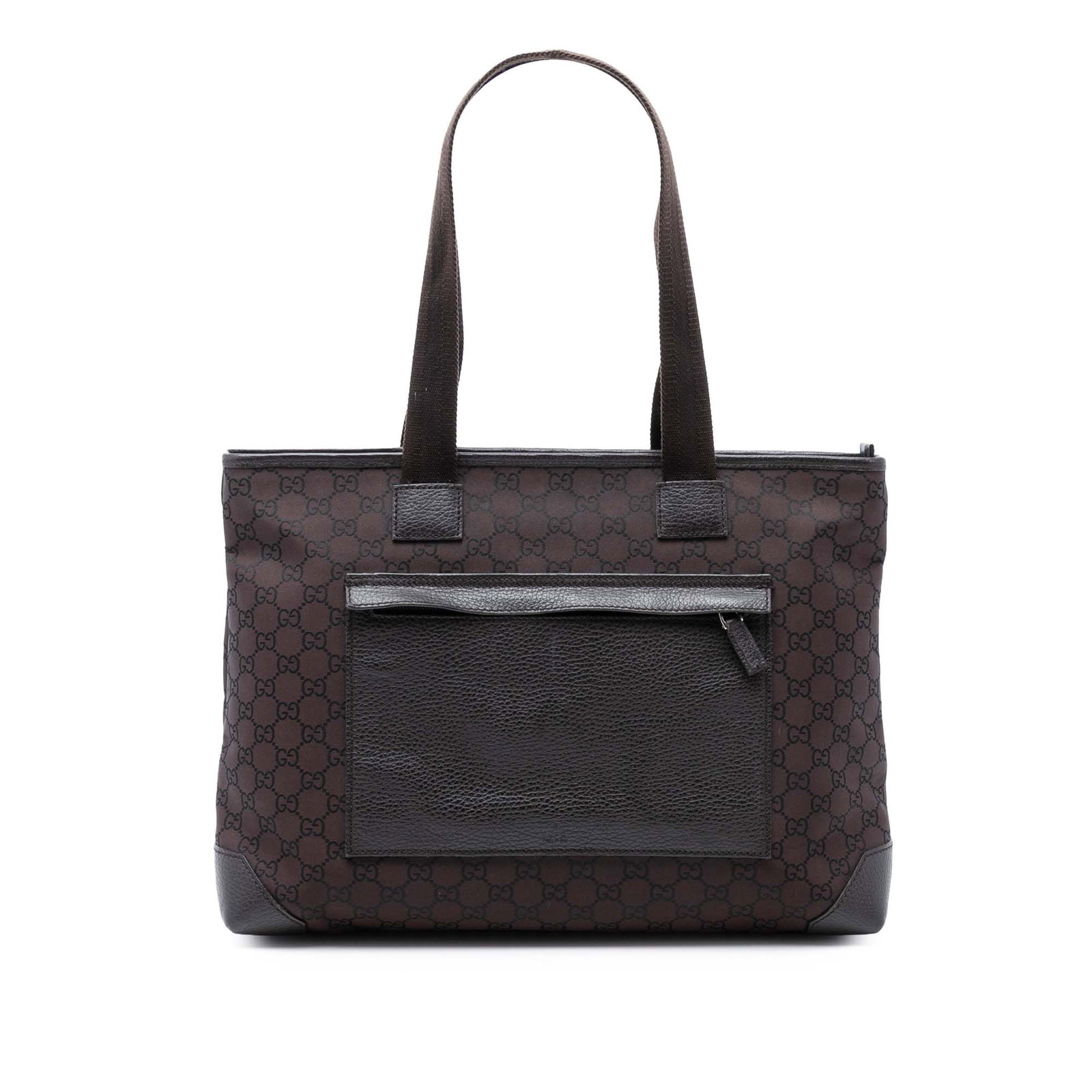 Brown Nylon Tote Bag with Leather Trim by Gucci GG: Brown Nylon Tote Bag with Leather Trim by Gucci GG This Gucci GG Nylon Tote features a brown nylon body with leather trim, flat straps, a top zip closure, an exterior front zip pocket, and an interior