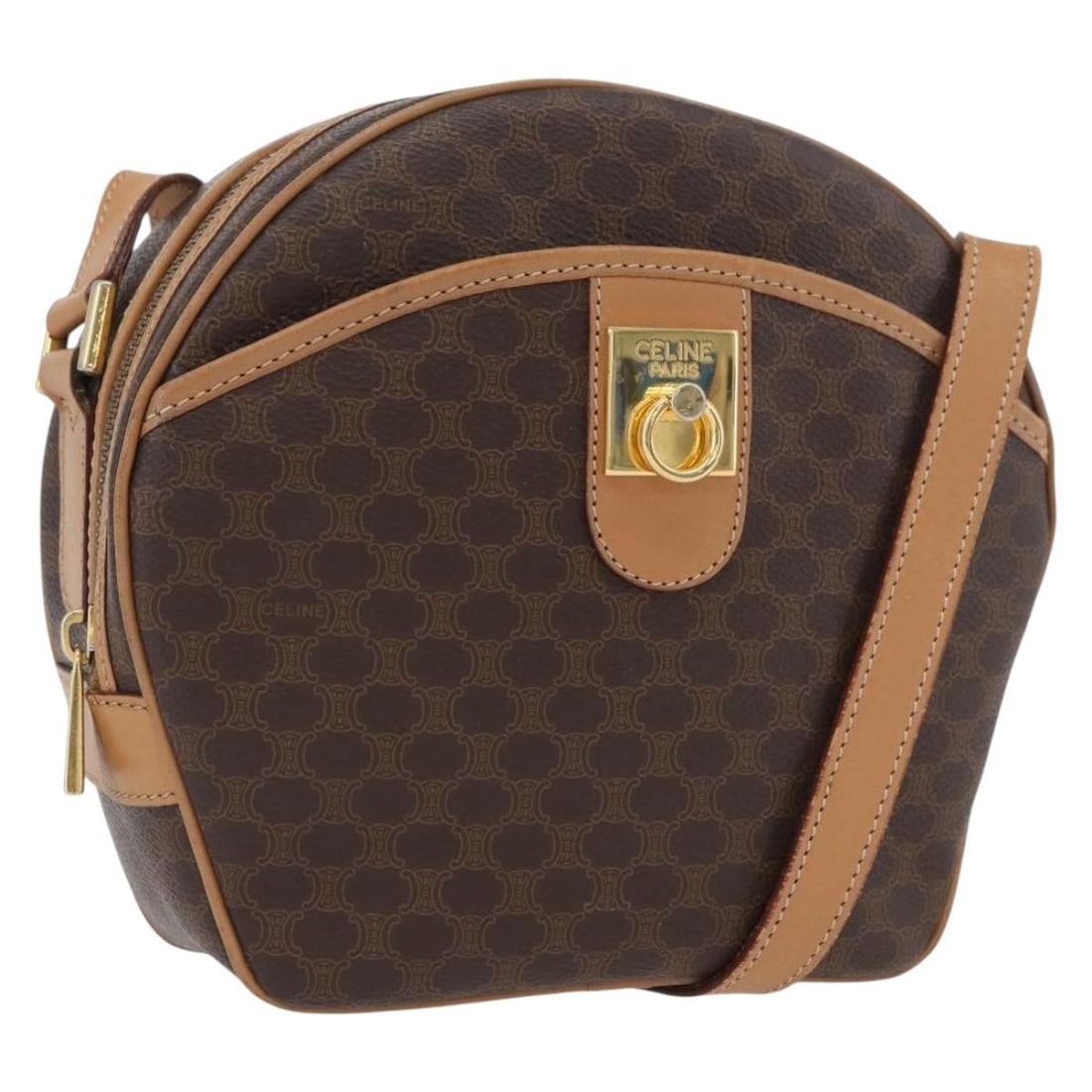 Celine Macadam Pattern Brown PVC and Leather Shoulder Bag Gold Accents: Celine Macadam Pattern Brown PVC and Leather Shoulder Bag Gold Accents This CELINE Macadam shoulder bag is crafted from brown PVC leather and Macadam canvas, featuring gold-tone accents. Designed for 