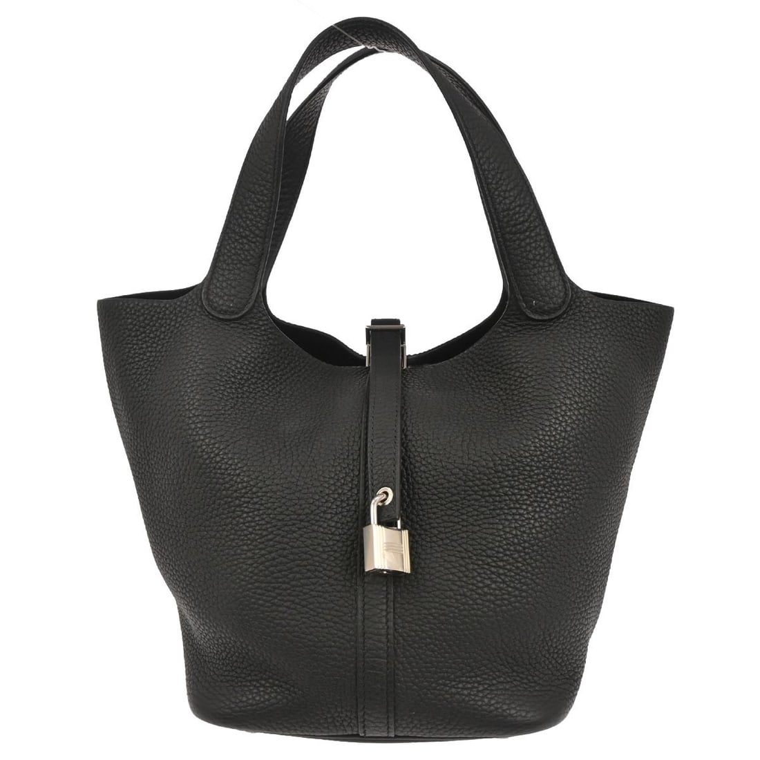 Picotin Lock 22 MM Black Clemence Handbag by Hermes: Picotin Lock 22 MM Black Clemence Handbag by Hermes This Hermes Picotin Lock 22 MM handbag is crafted from black Taurillon Clemence leather with a Hermes Clemence finish. It features a medium size wit