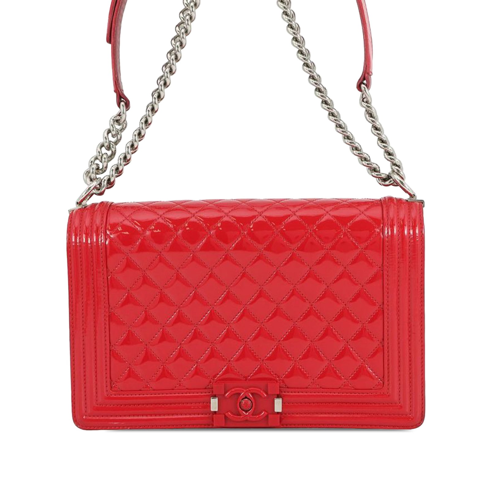 Chanel Boy Medium Red Patent Leather Flap Bag with Chain Strap: Chanel Boy Medium Red Patent Leather Flap Bag with Chain Strap This Chanel Medium Quilted Patent Acrylic Boy Flap bag features a red patent leather body, a silver-tone woven chain strap, a front flap 