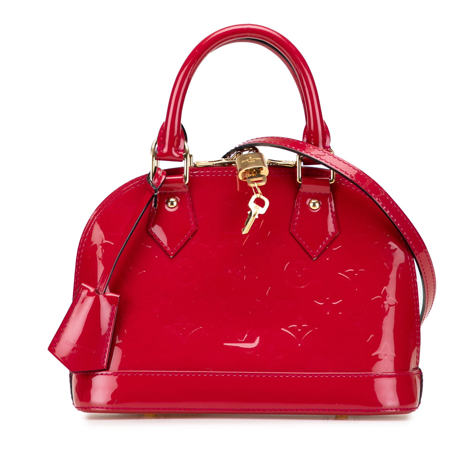 Louis Vuitton Monogram Vernis Alma BB Red Leather Handbag: Louis Vuitton Monogram Vernis Alma BB Red Leather Handbag Introducing the Louis Vuitton Monogram Vernis Alma BB, a stylish handbag crafted from luxurious vernis leather. This chic accessory features r