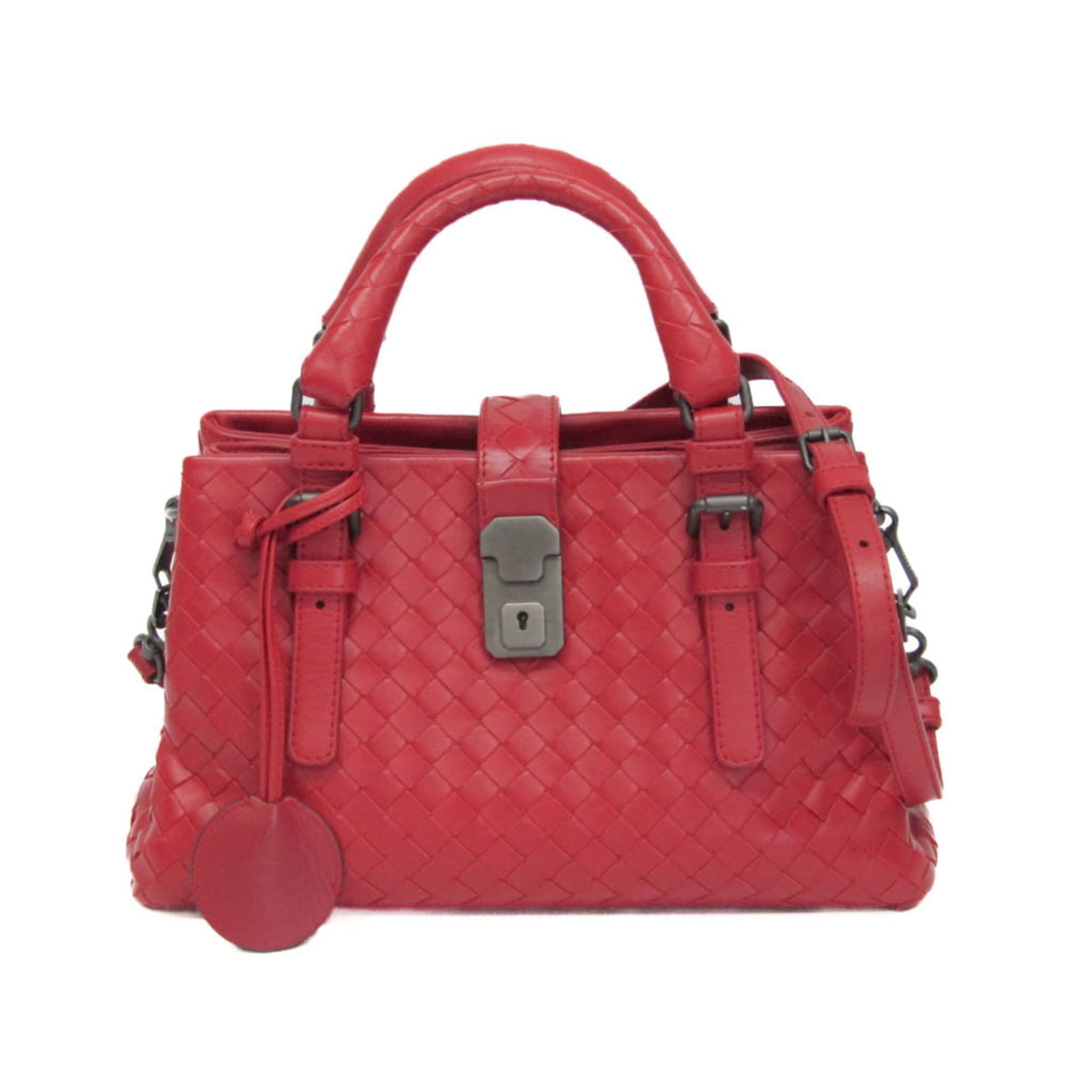 Red Intrecciato Nappa Leather Roma Handbag by Bottega Veneta: Red Intrecciato Nappa Leather Roma Handbag by Bottega Veneta This Bottega Veneta Roma Bag features the brand's signature Intrecciato woven leather design in a striking red color. Crafted for women, it