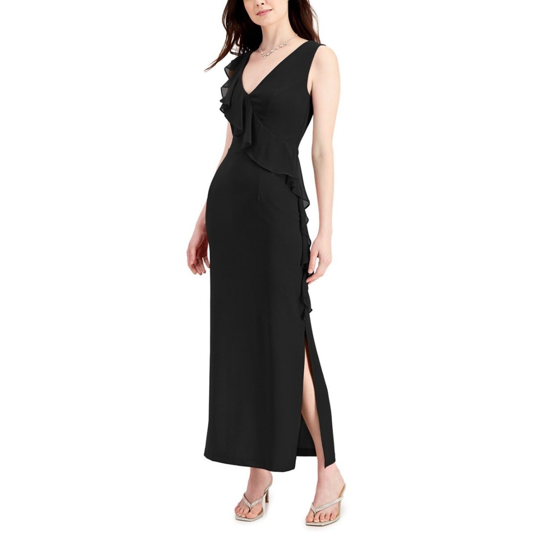 Connected Black Cascading Sheer Ruffle V Neck Maxi Dress Size 8: Connected Black Cascading Sheer Ruffle V Neck Maxi Dress Size 8 Elevate your wardrobe with this Connected Cascading Sheer Ruffle V Neck Maxi Dress in elegant black. Designed for formal parties or cock