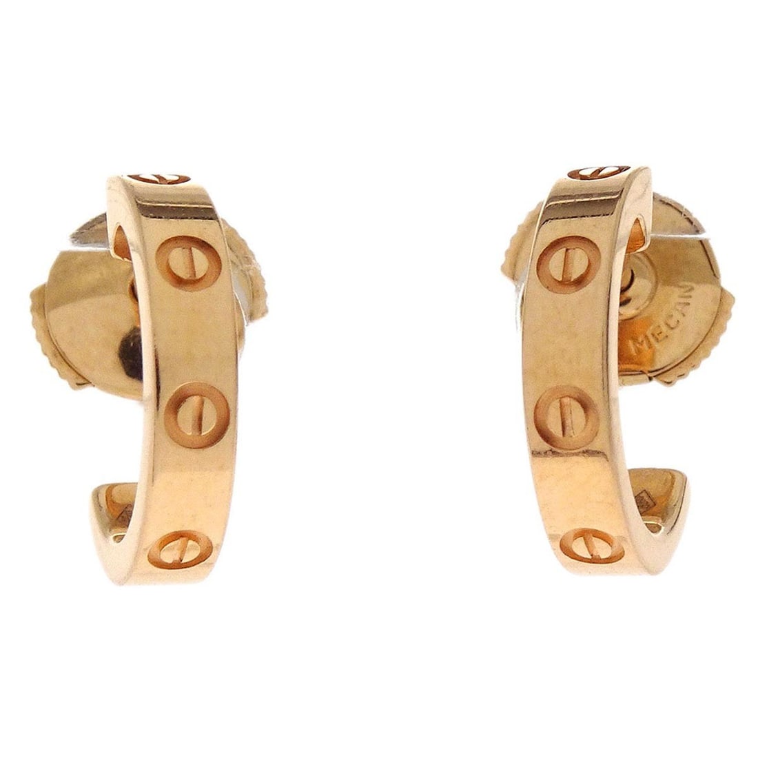 Mini Love Gold Pierced Earrings by Cartier 750: Mini Love Gold Pierced Earrings by Cartier 750 These Cartier pierced earrings feature a mini Love design crafted in 750 gold. The earrings have a round shape and a gold color, with no main stone, and 