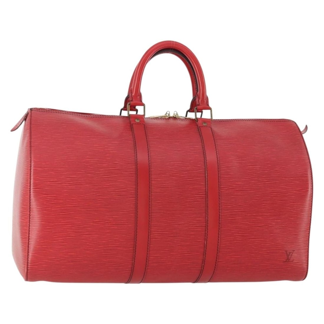 Red Epi Leather Keepall Travel Bag by Louis Vuitton: Red Epi Leather Keepall Travel Bag by Louis Vuitton This Louis Vuitton Keepall Bag is crafted from red Epi leather and designed for unisex use. The bag features surface rubbing and scratches, handle r