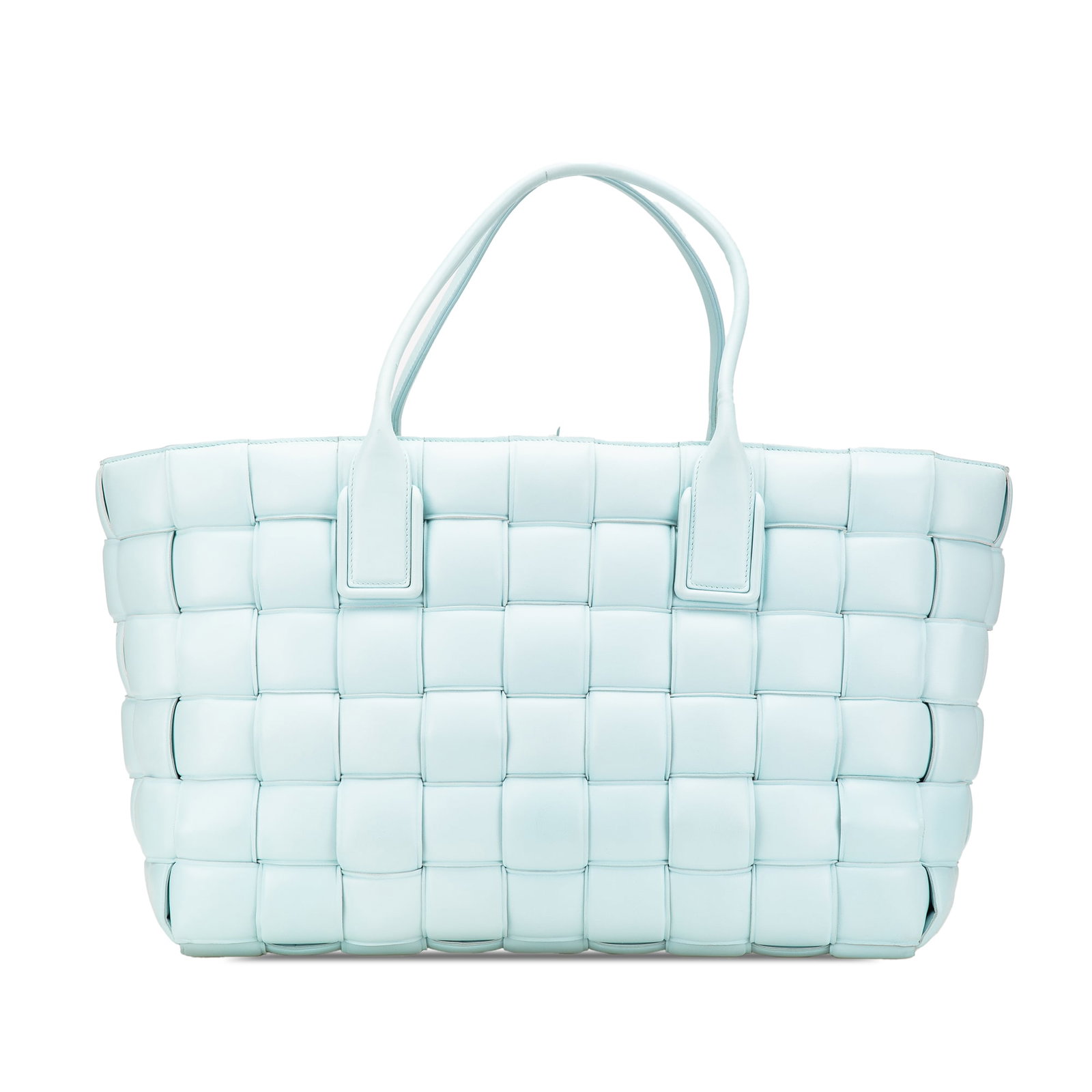 Bottega Veneta Blue Lambskin Intreccio Padded Tote Bag: Bottega Veneta Blue Lambskin Intreccio Padded Tote Bag This Bottega Veneta Large Lambskin Intreccio Padded Tote showcases exquisite craftsmanship with its woven lambskin leather body and rolled leathe