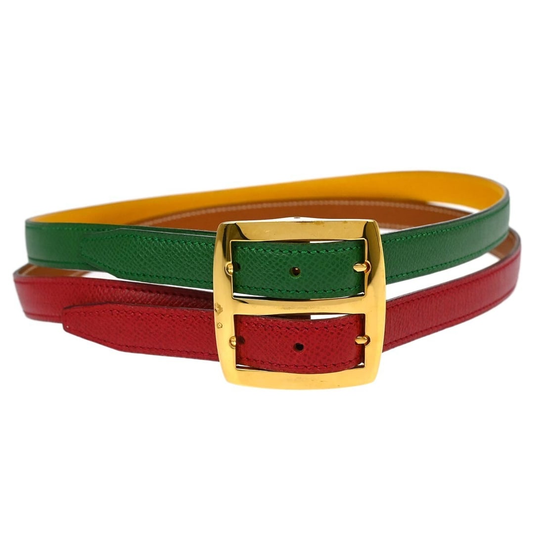 Hermes Reversible Belt Red Green Yellow Greine Courchevel #70 Adjustable: Hermes Reversible Belt Red Green Yellow Greine Courchevel #70 Adjustable This exquisite Hermes reversible belt features a striking combination of colors: red, green, yellow, and brown, making it a ver