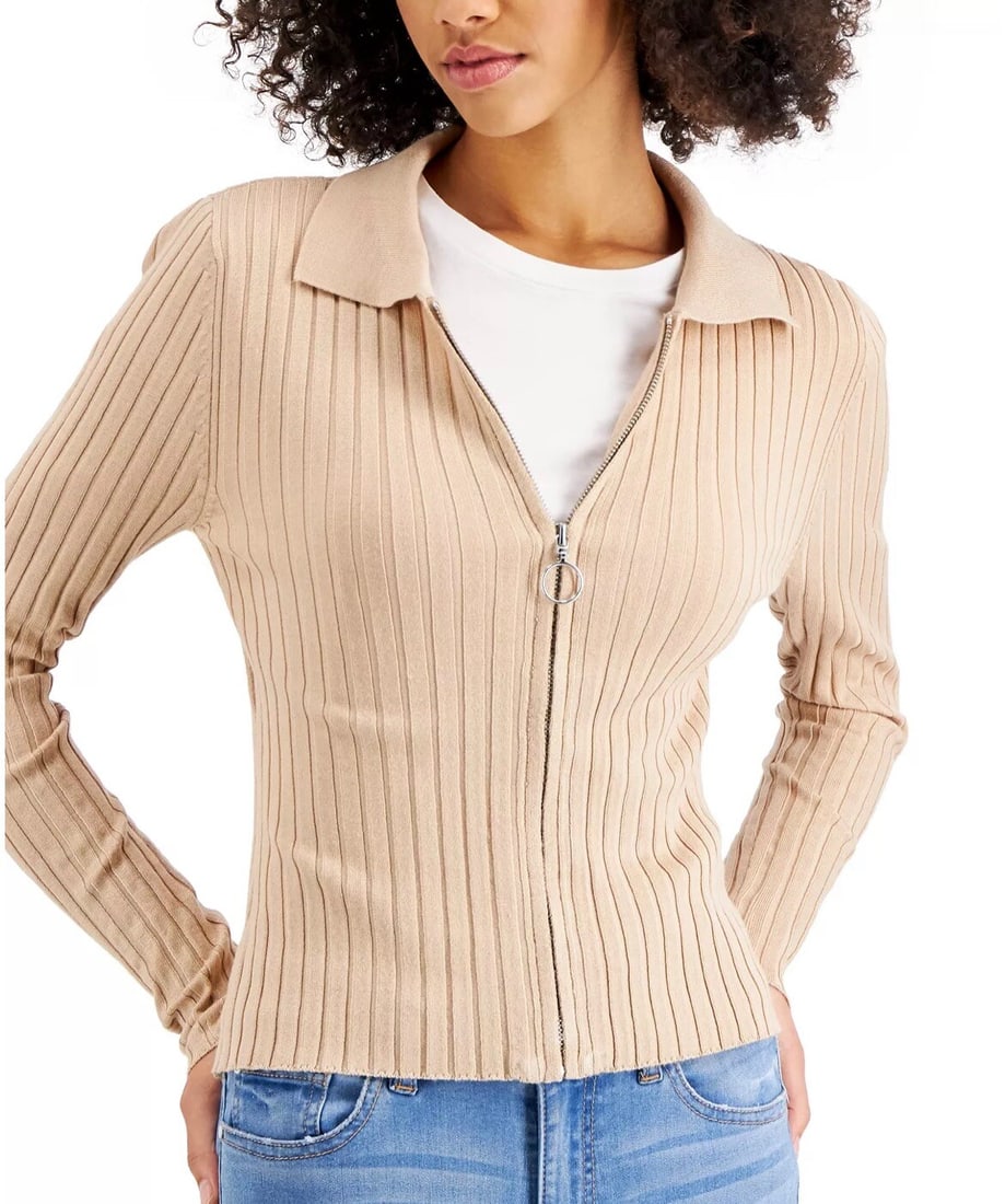 Hooked Up by IOT Juniors Ribbed Zip-Up Cardigan Beige XL (1 of 3)