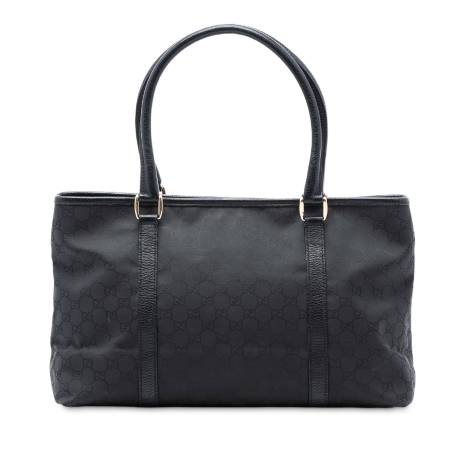 Black GG Canvas Shoulder Tote Bag with Leather Handles by Gucci: Black GG Canvas Shoulder Tote Bag with Leather Handles by Gucci This Gucci GG Canvas Tote features a GG canvas exterior with rolled leather shoulder straps. The bag has an open top with a snap button 