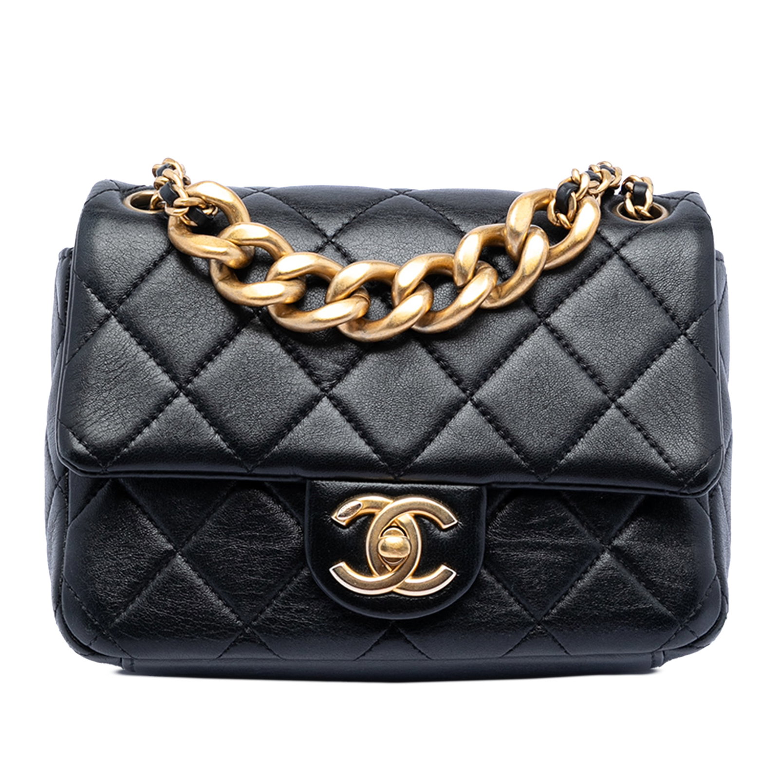 Chanel Mini Quilted Calfskin Flap Bag with Multi Chain Strap: Chanel Mini Quilted Calfskin Flap Bag with Multi Chain Strap This Chanel Mini CC Quilted Calfskin Multi Chain Single Flap crossbody bag features a black quilted calfskin leather body, a leather-woven 